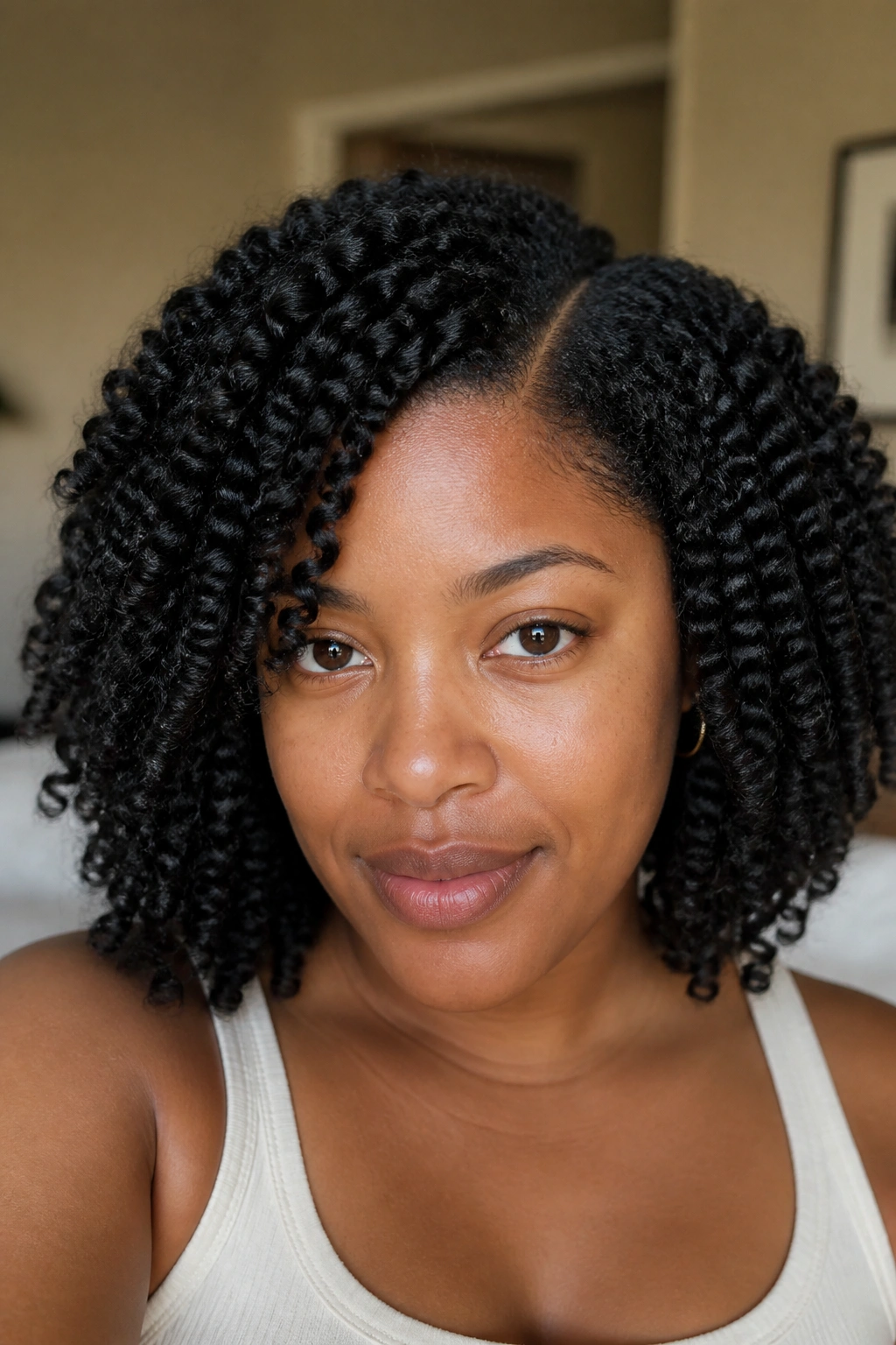 Portrait of a real woman with a twist-out and side part