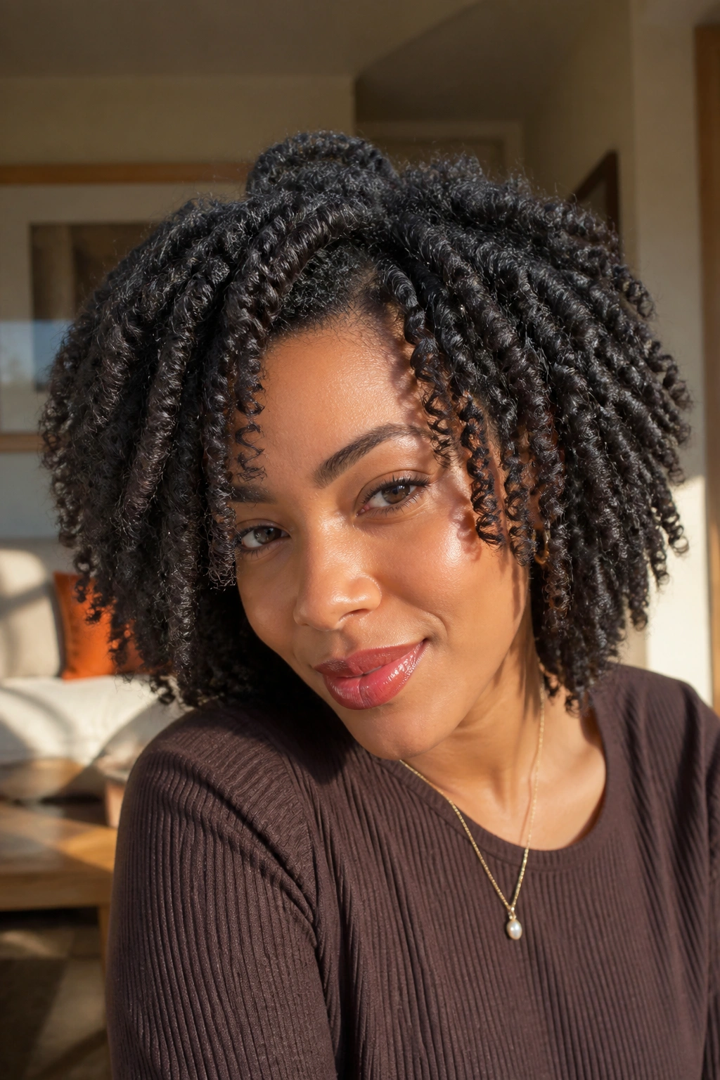 Close-up of a real woman with twist-out and soft face-framing separation