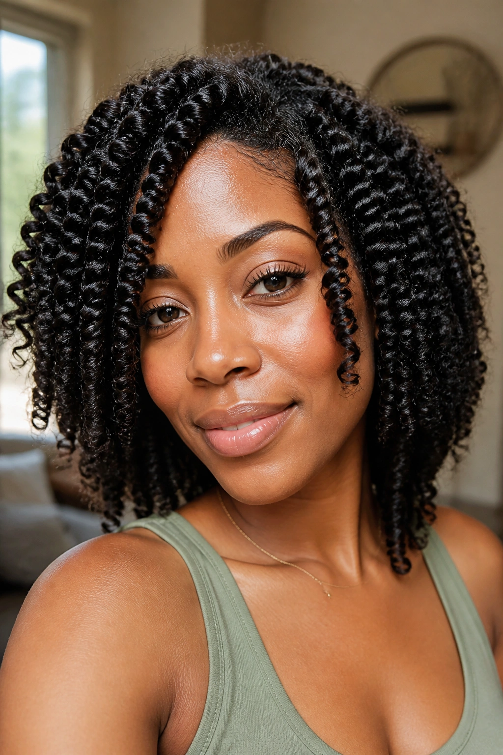 Close-up of a real woman with moisture-rich twist-out showing defined two-strand twists