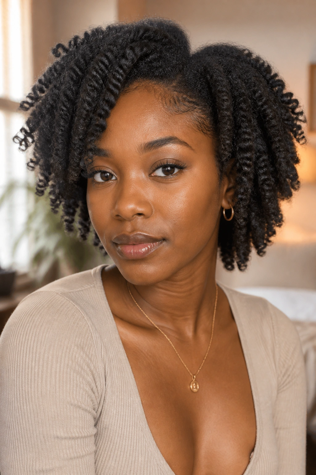 Close-up of a real woman's soft twist-out hairstyle with volume