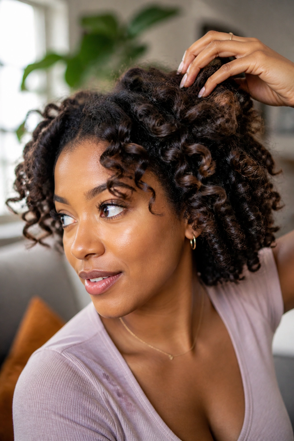 Close-up of a person with twist-out waves and finger fluffing at the roots.