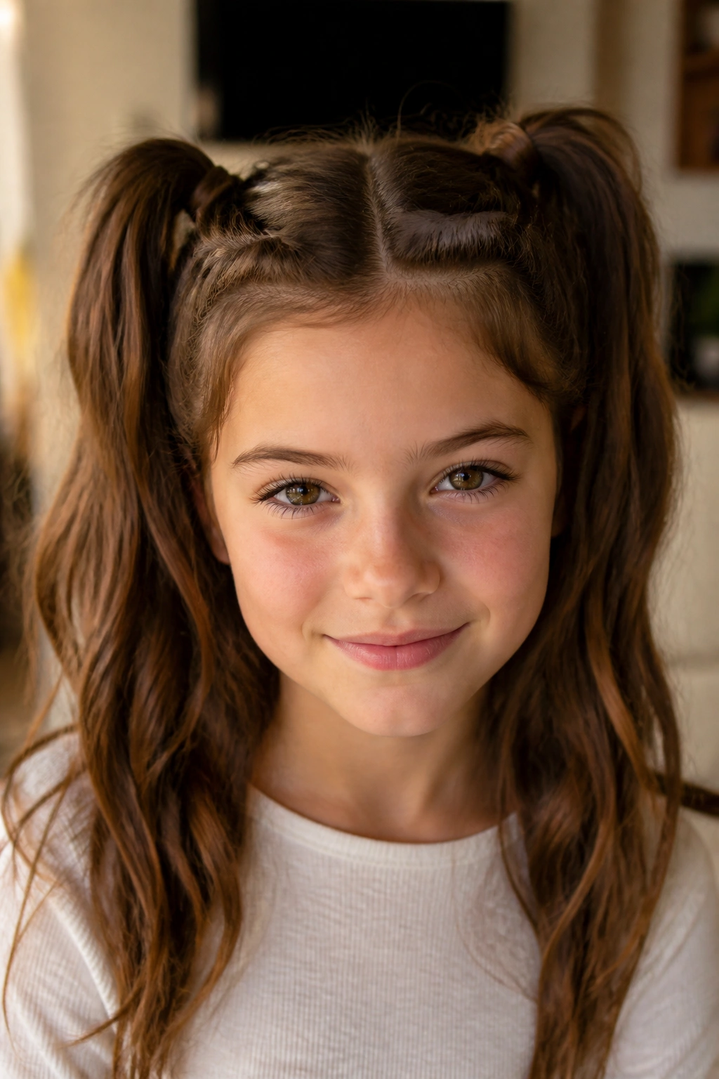 Close-up of a real girl with twisted bangs and high pigtails