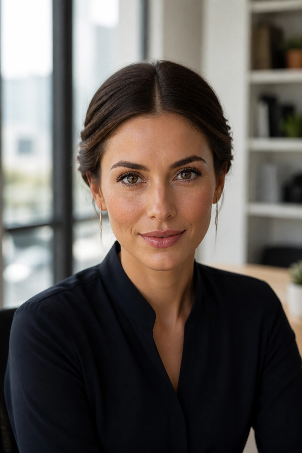 Close-up of a real woman with a center-part and twisted sections forming a low bun