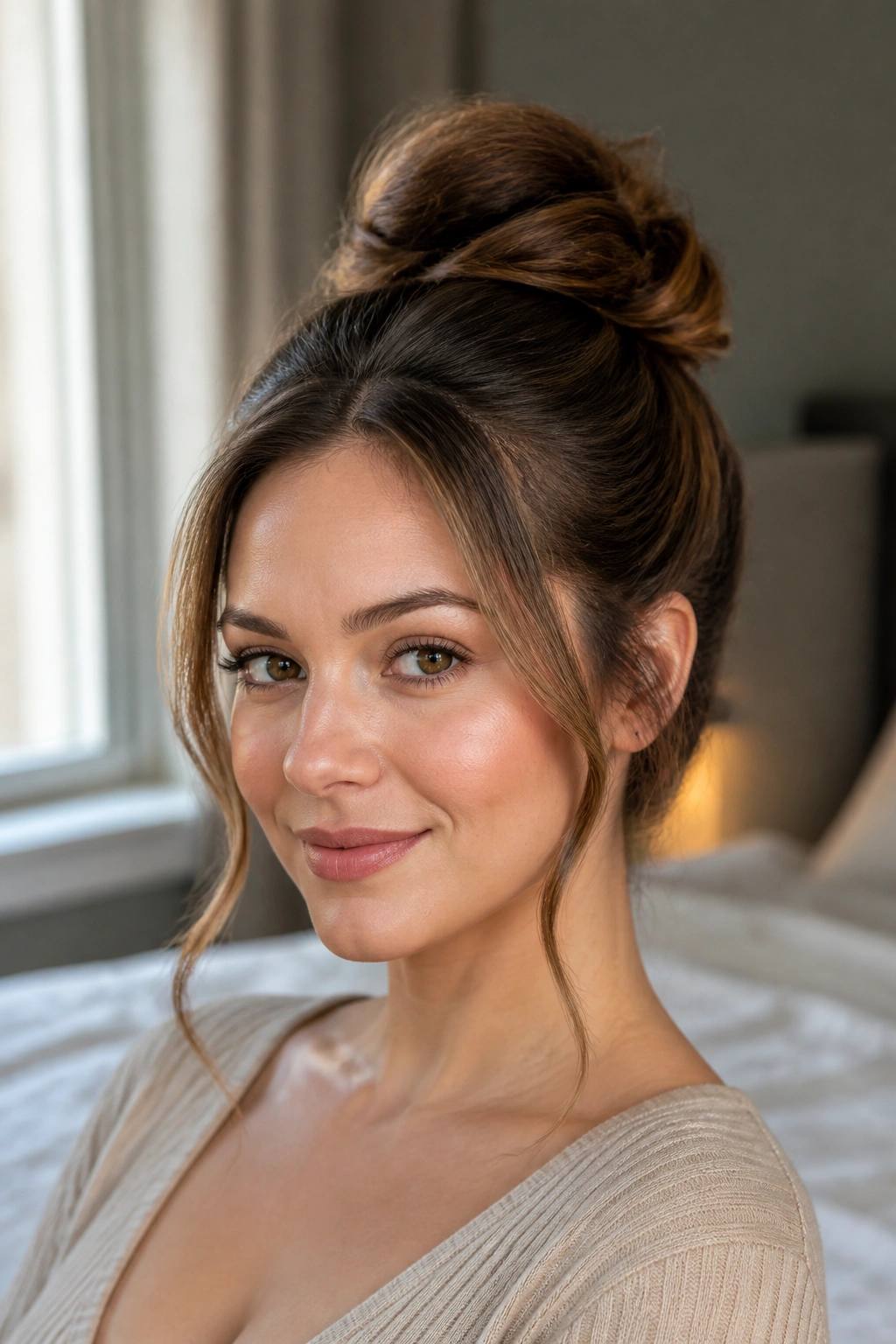Close-up of a real woman with a high twisted bun lifting a round face and face-framing pieces