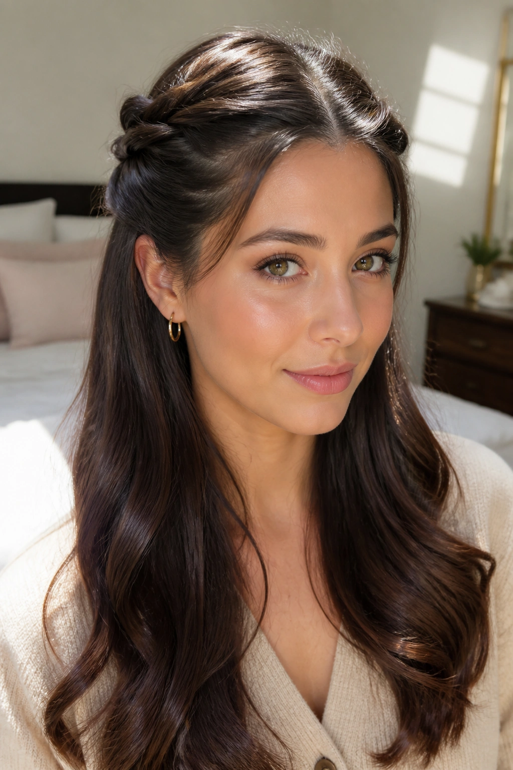 Close-up of a real woman wearing a twisted crown half-up hairstyle with glossy lengths and soft waves