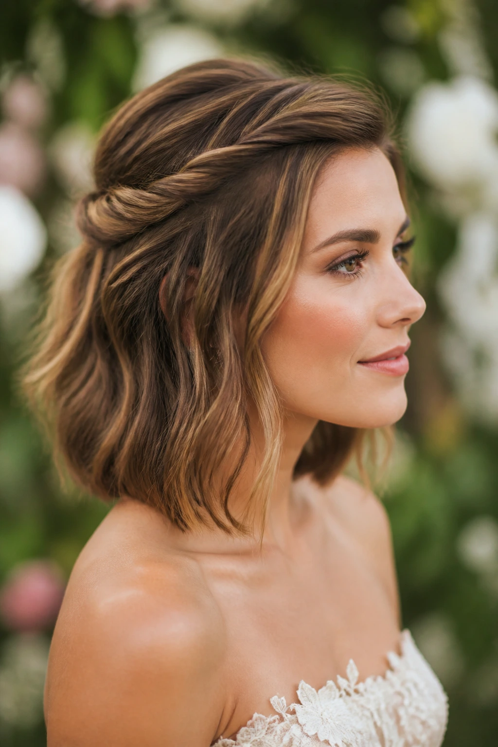 Close-up of a real person with a half-up twisted crown on a lob in garden light