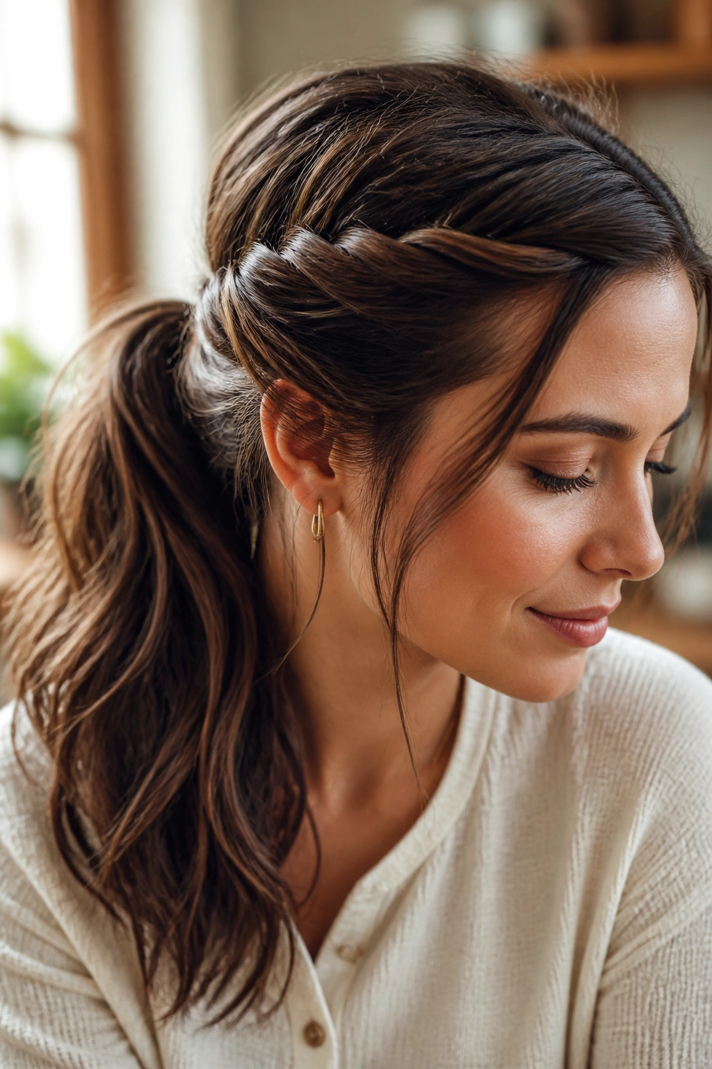 Close-up of a front crown twist leading into a relaxed ponytail on a real person
