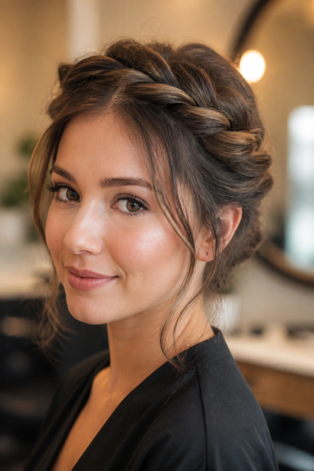 Close-up of a woman wearing a twisted crown updo with soft cheek pieces