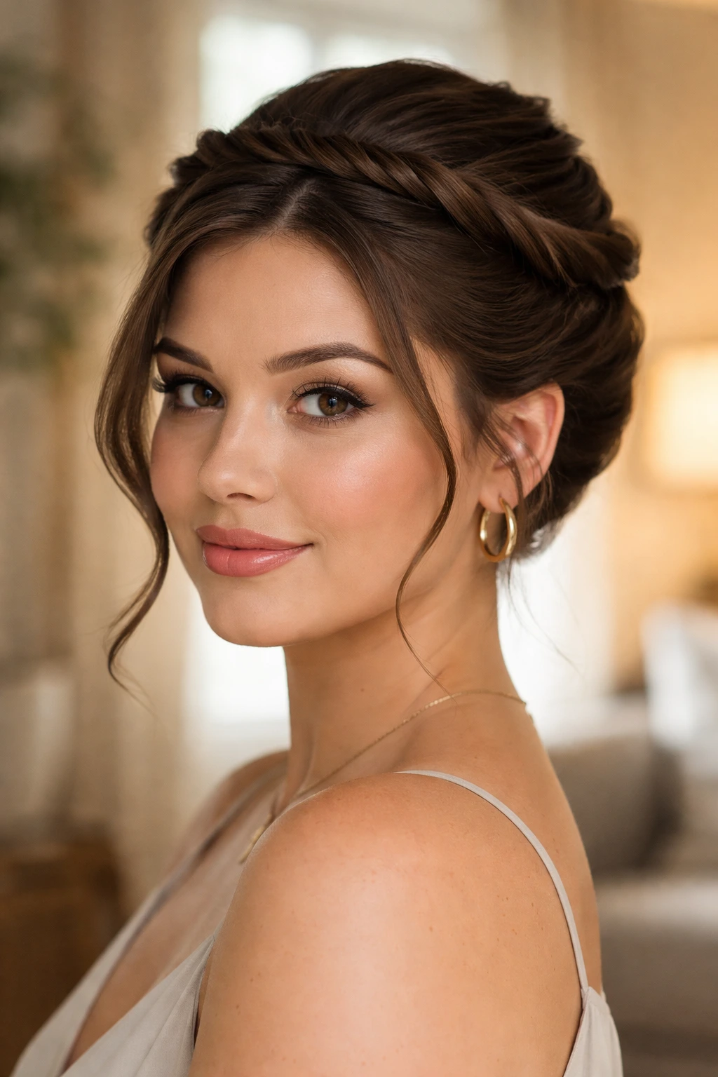 Close-up of a real woman with a twisted crown updo hairstyle