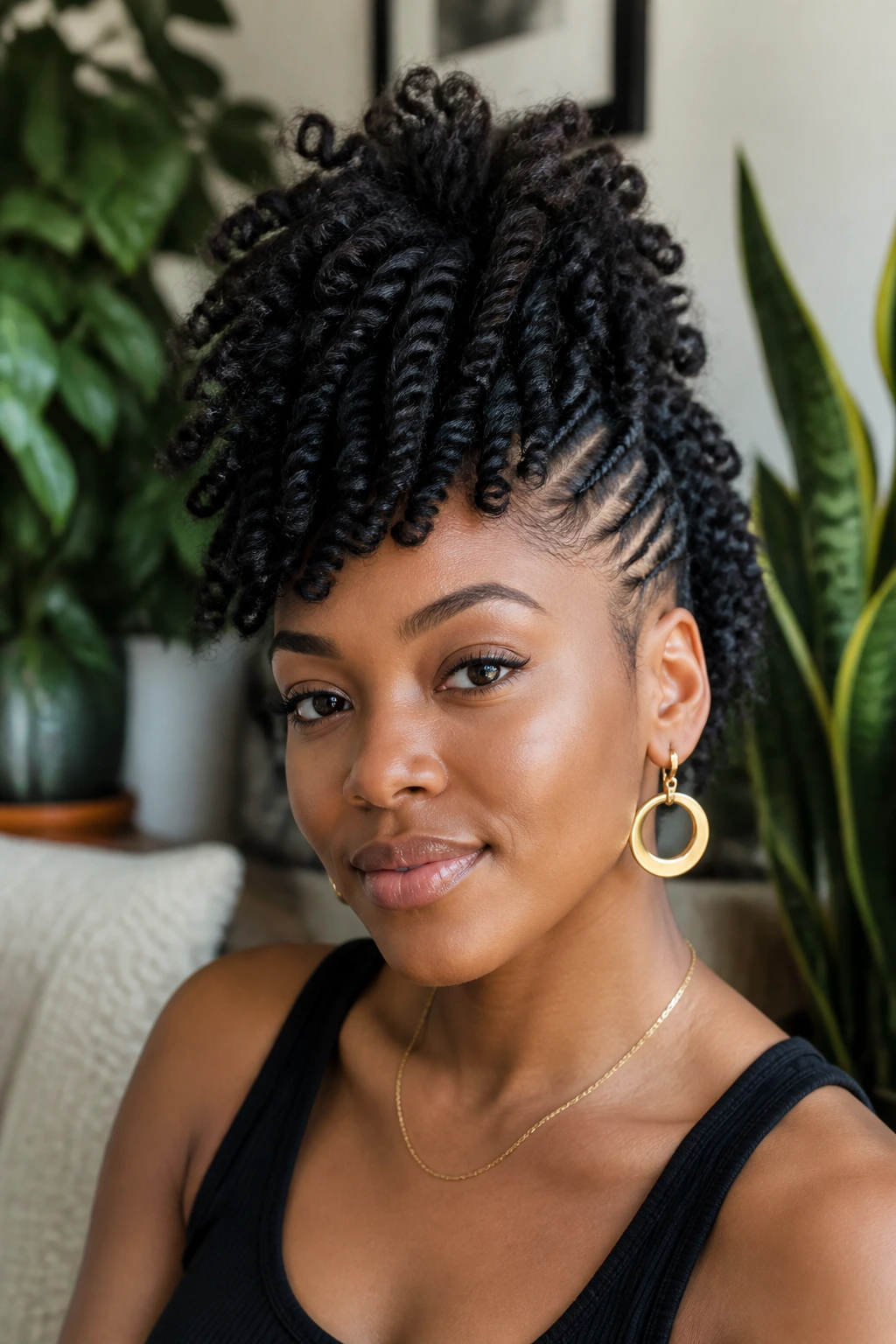 Close-up of a real woman with a Twisted High-Volume Frohawk