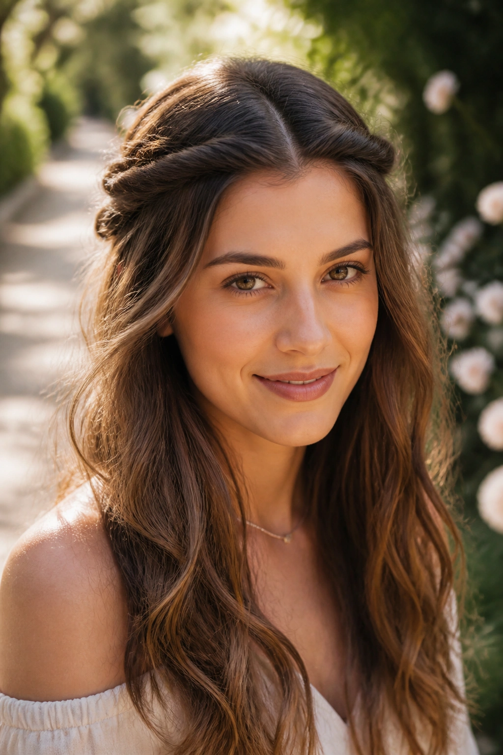 Close-up of a woman with twisted half-crown hairstyle