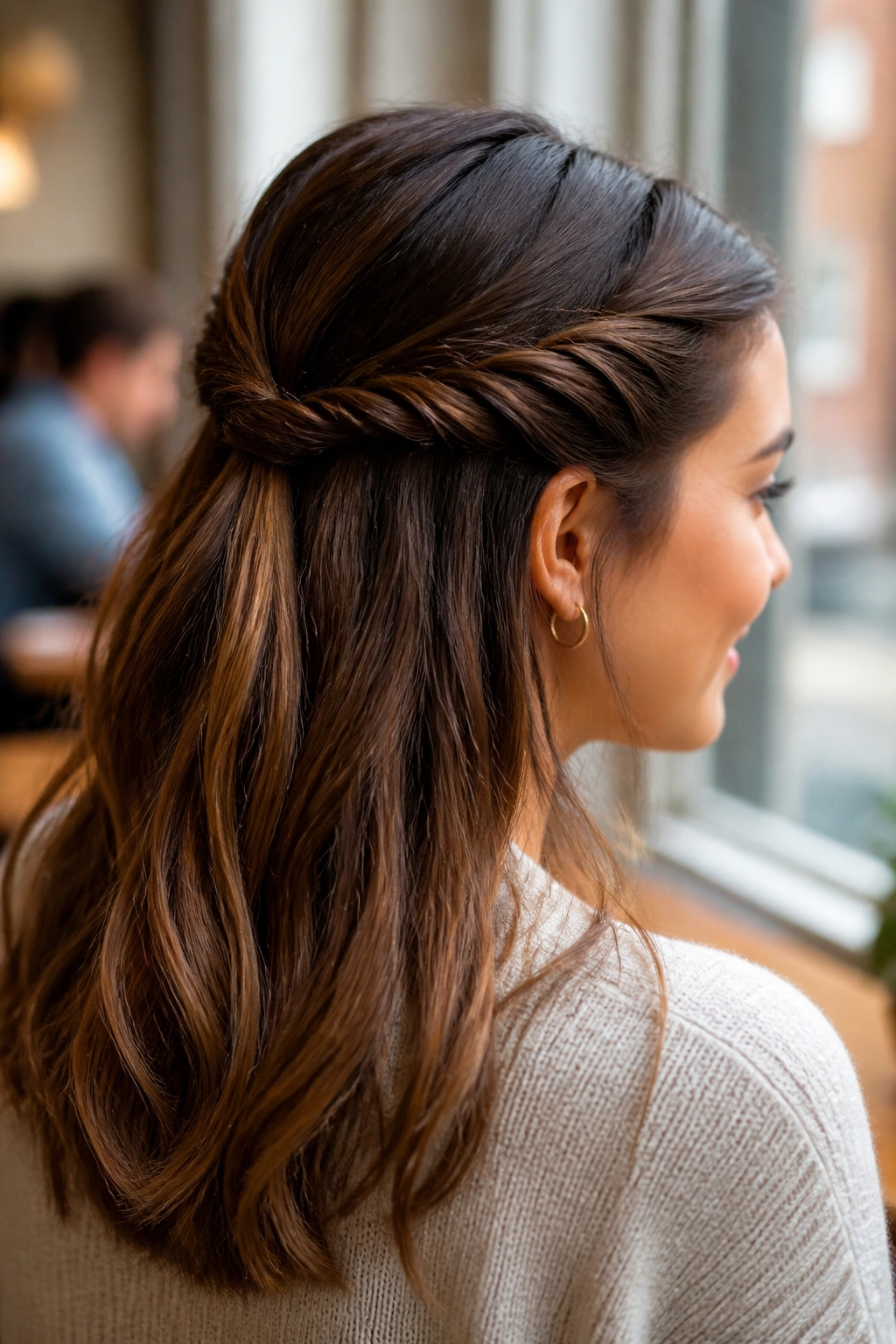 Close-up of a real person with twists forming a half-up hairstyle.