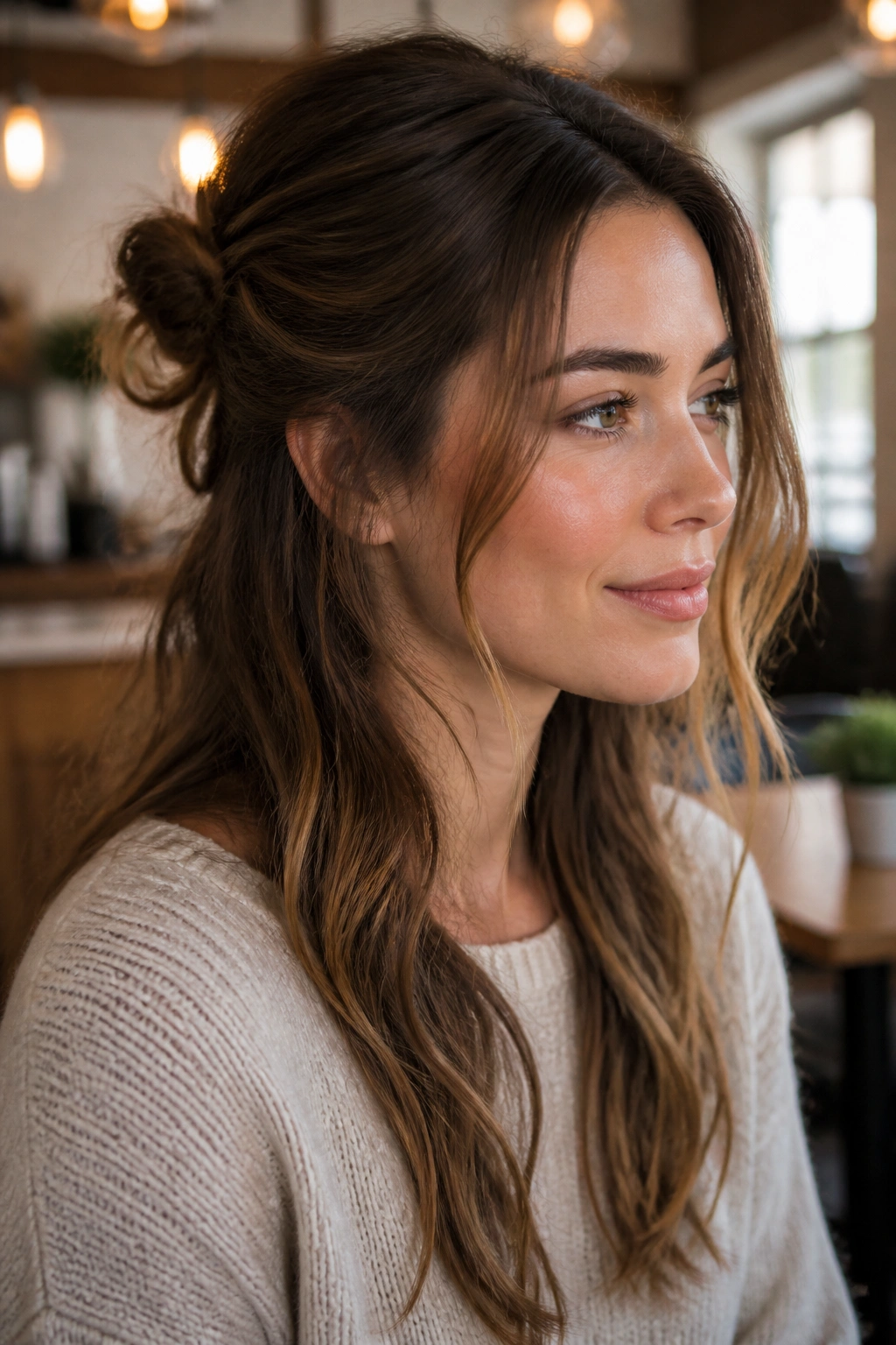 Portrait of a real woman with twisted half-up bun and loose front pieces.