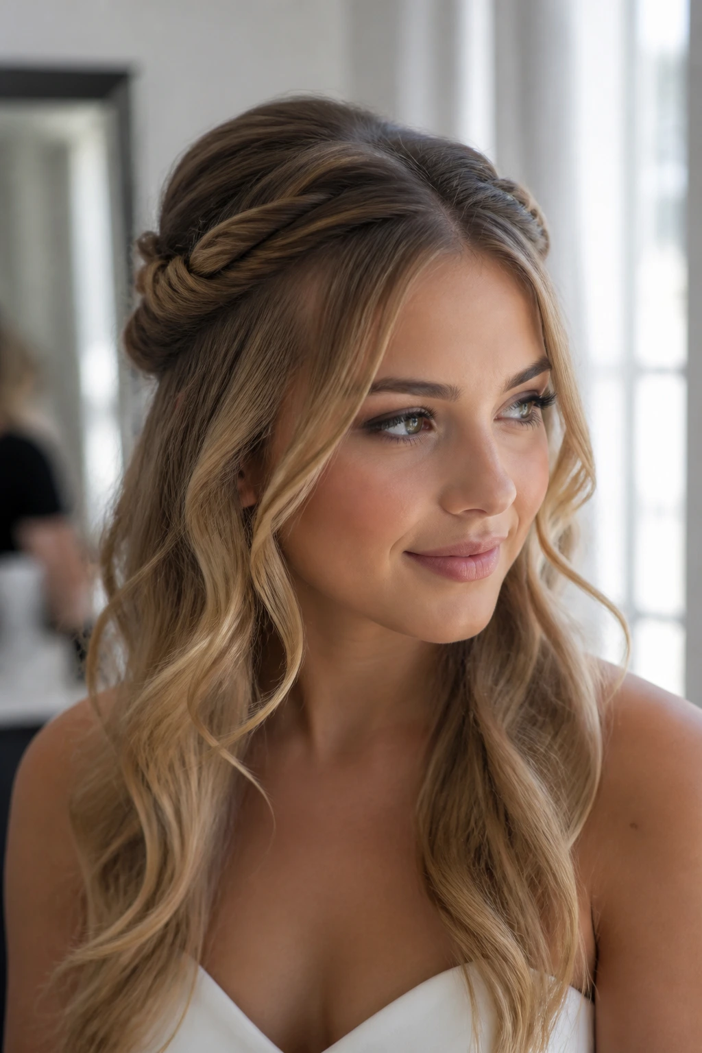 Real woman with twisted half-up crown hairstyle from the front