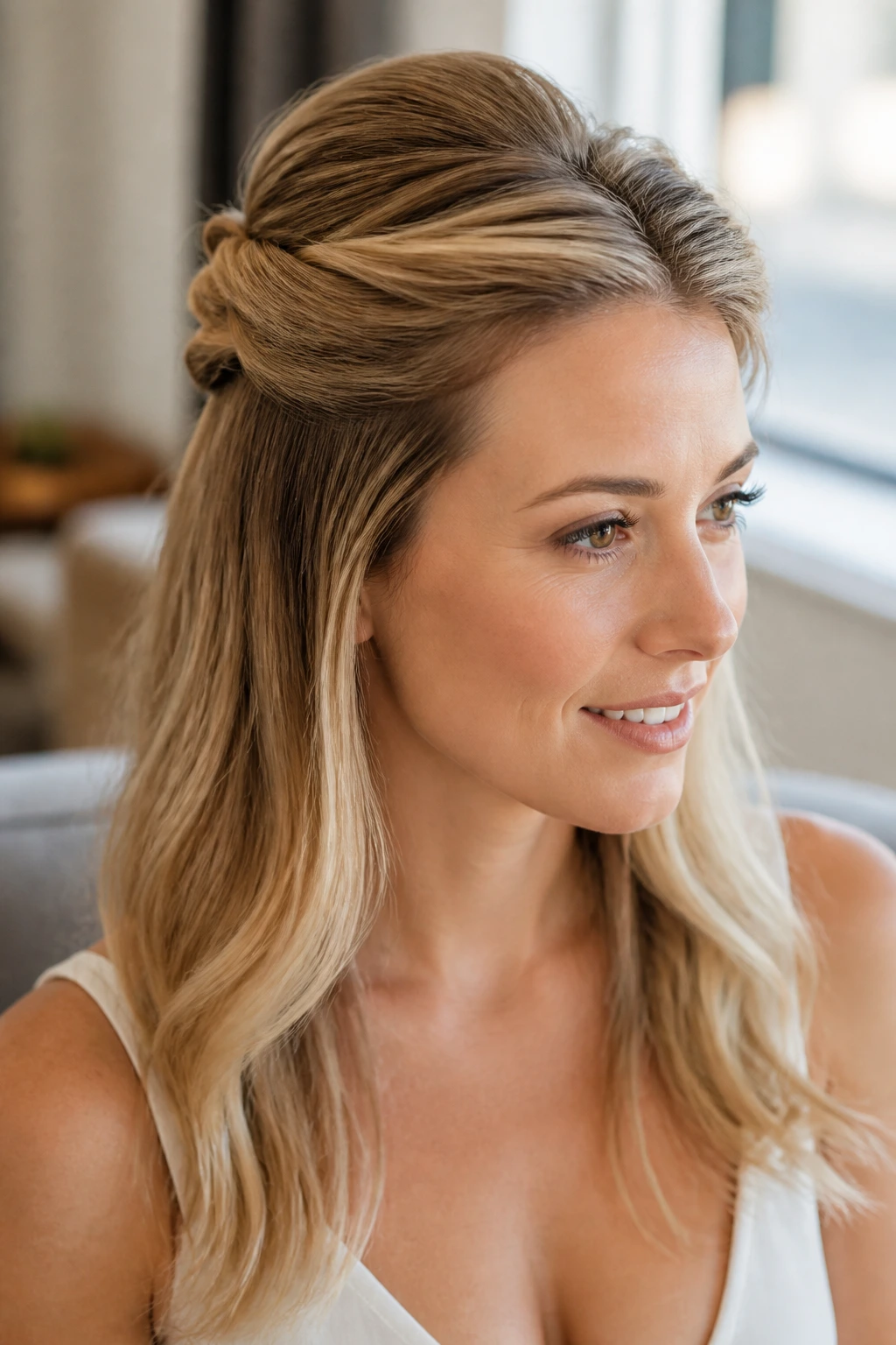 Portrait of a real woman with a twisted half-up hairstyle and crown volume