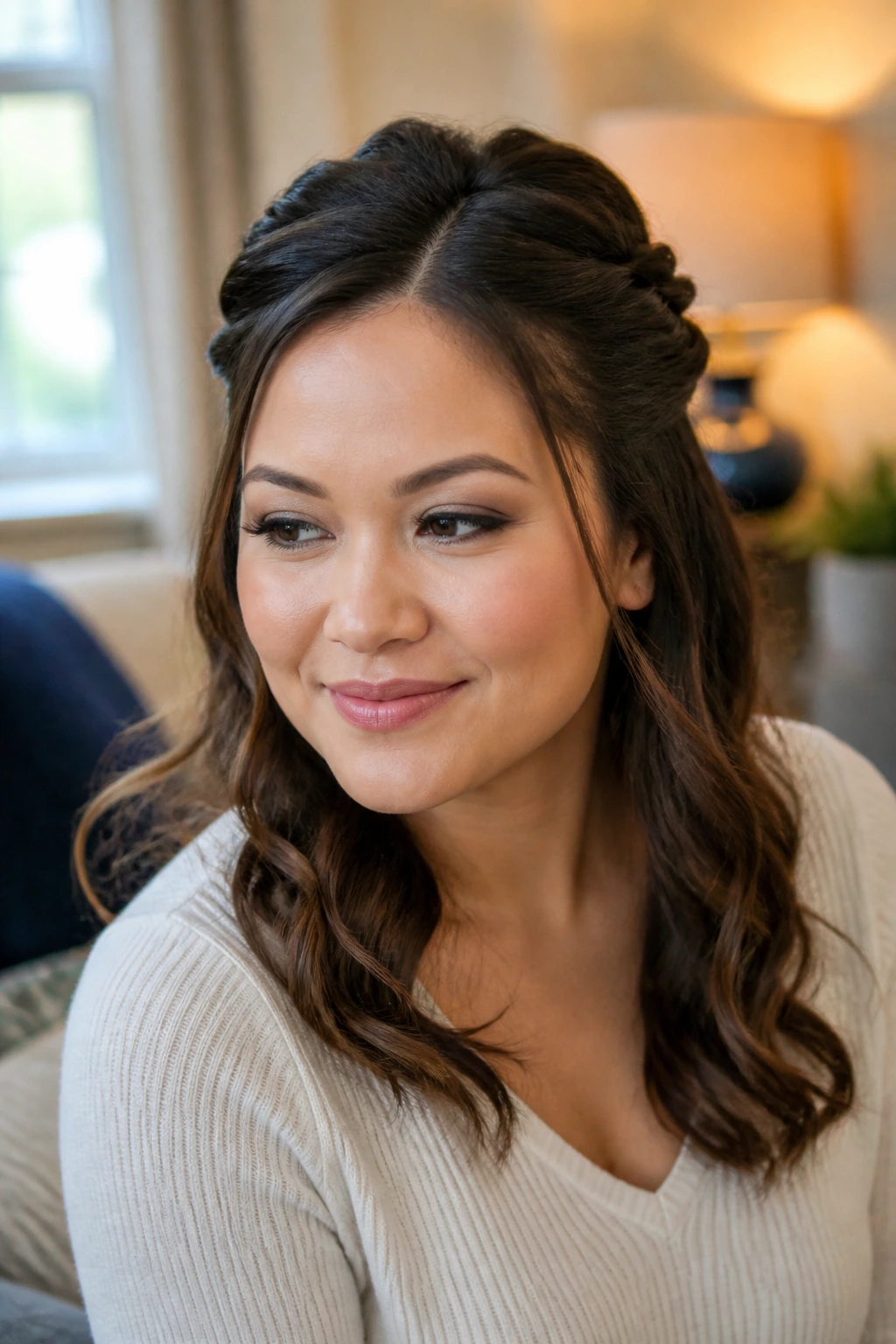 Real woman with twisted half-up hairstyle and soft loose length.