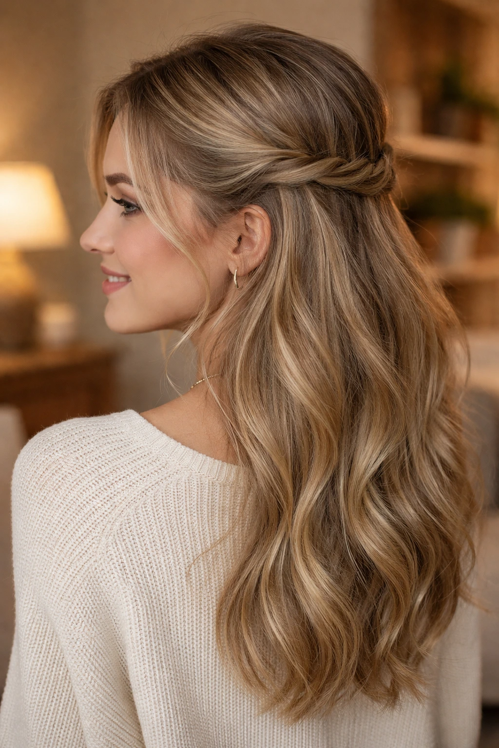 Close-up of real person with two twists at back creating half-up style