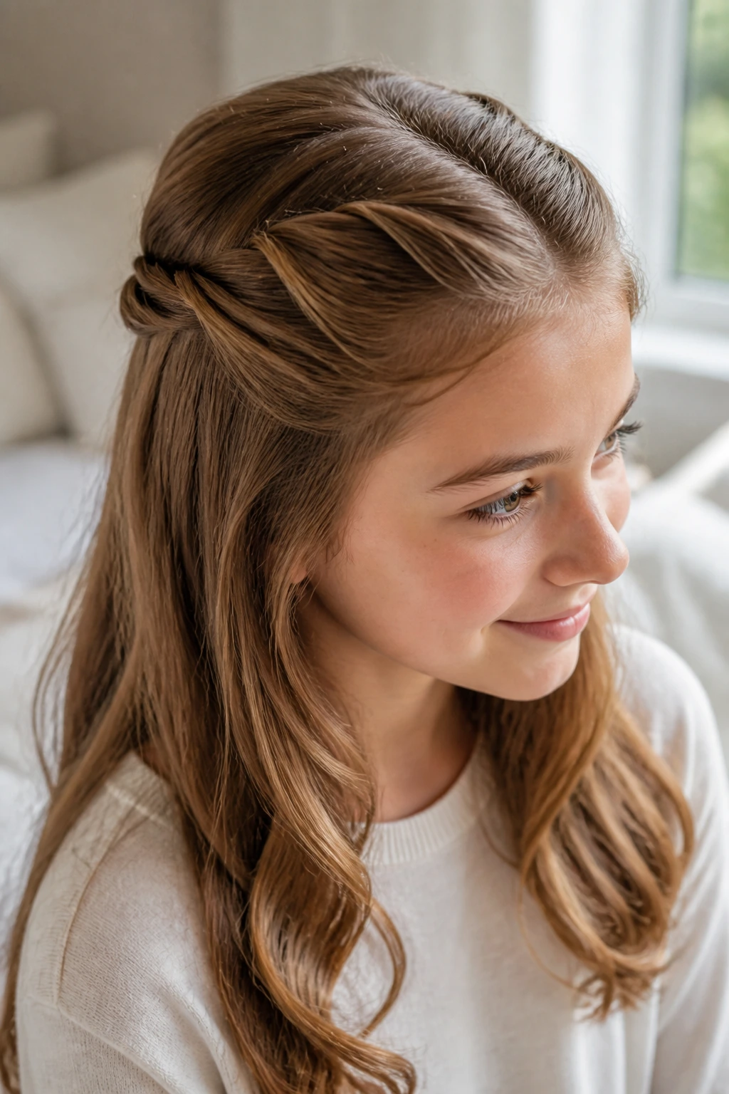 Close-up of a real girl's head with twisted front sections in a half-up style