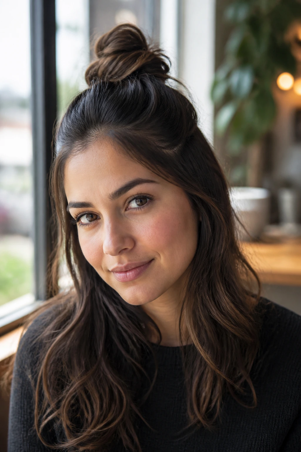 Close-up of a real woman with a twisted half-up top knot.