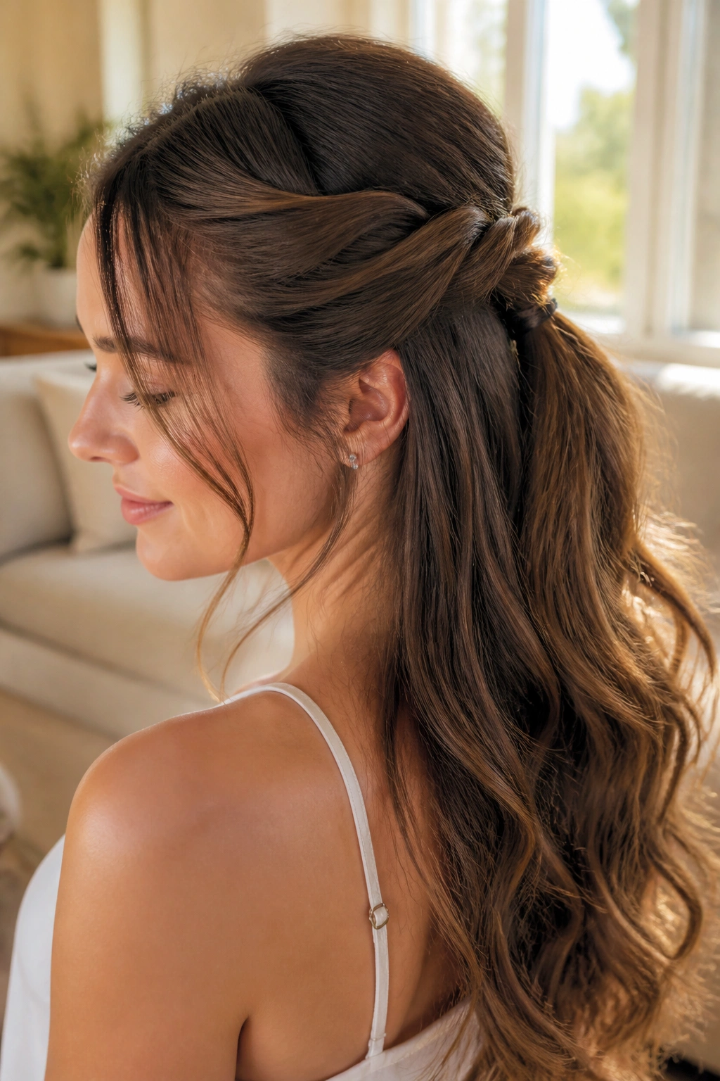 Close-up of a real woman with Twisted Half-Up Ponytail with Soft Face Pieces