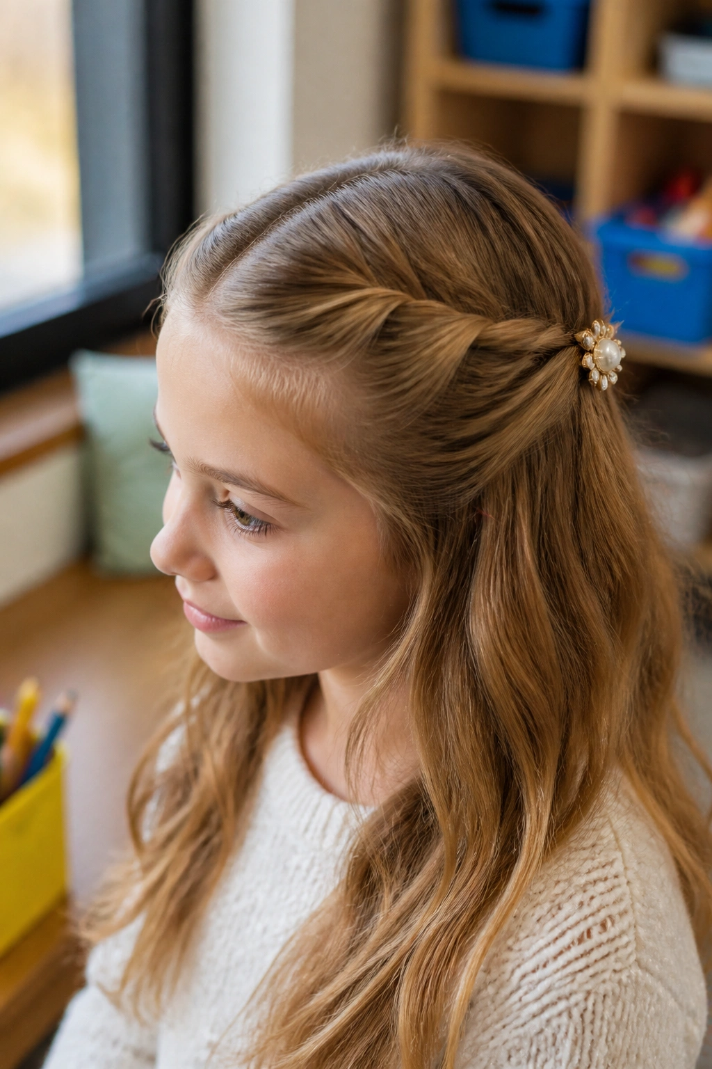 Close-up of real girl with twisted half-up hairstyle in a classroom window light.