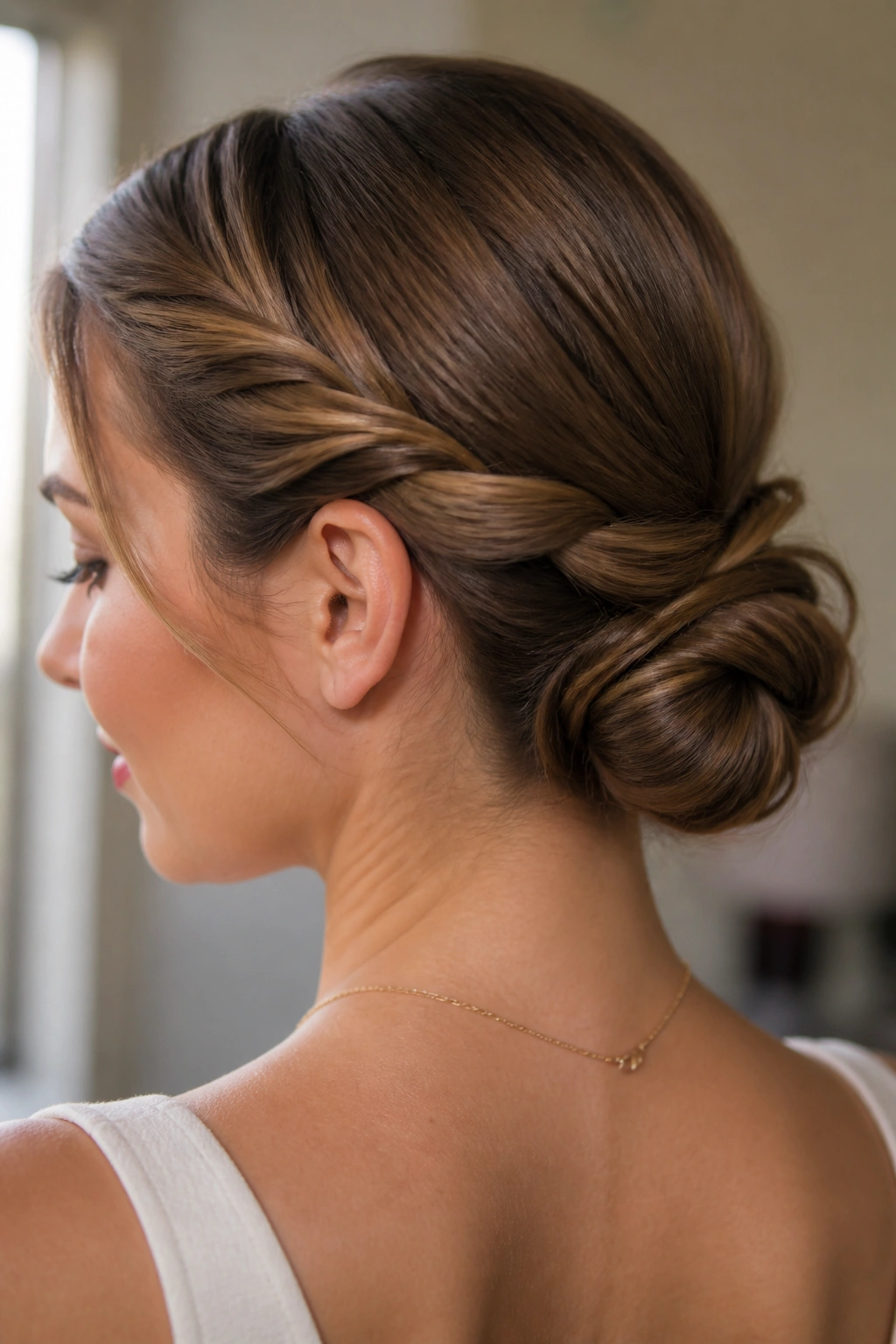 Close-up of a real woman with a twisted halo bun, temple twists meeting at the back into a low bun