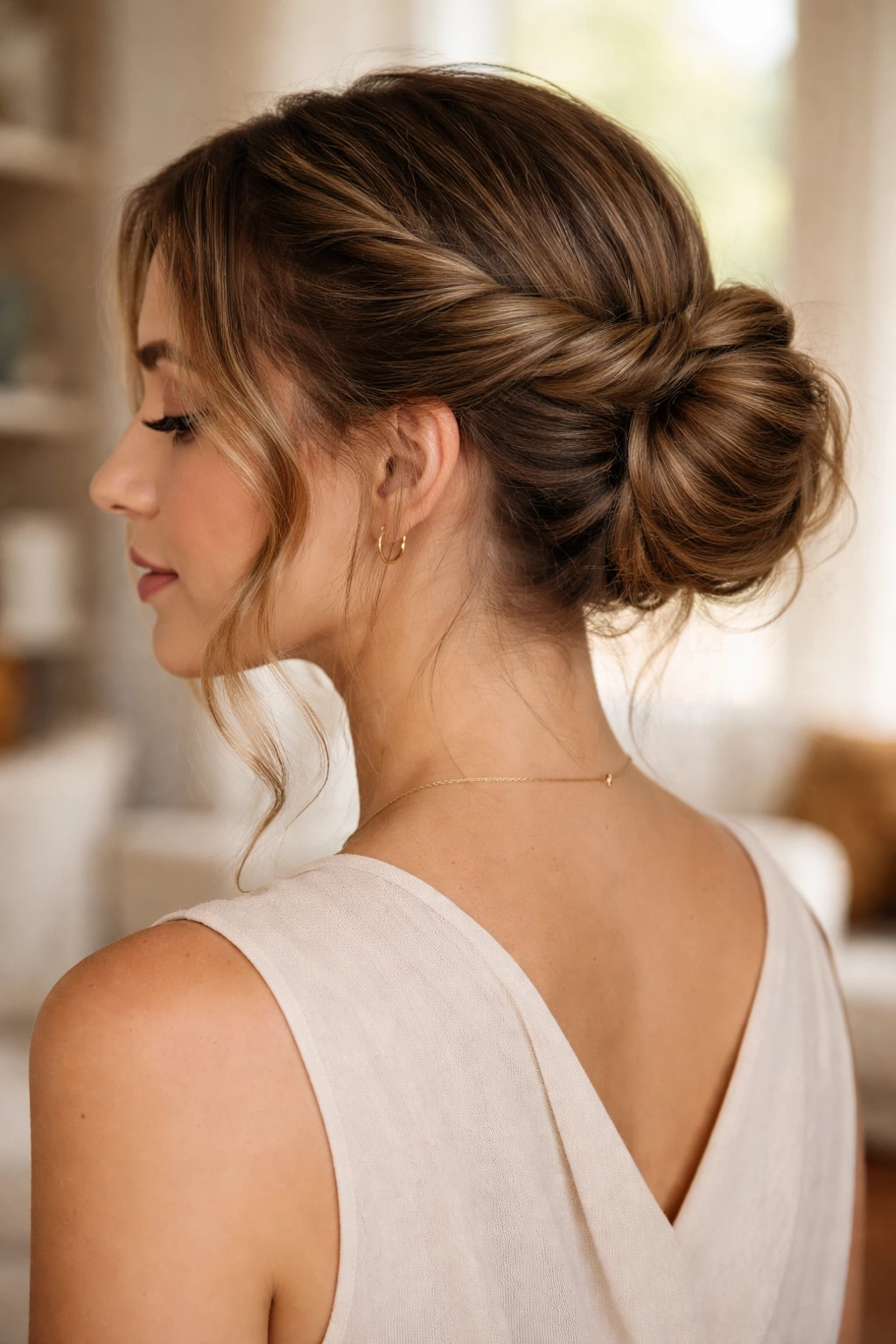 Close-up of a real woman with a twisted halo bun in natural daylight