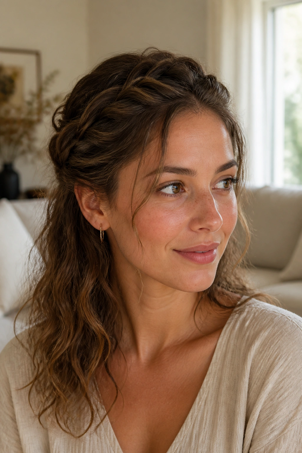 Close-up of a real woman with a twisted halo hairstyle.