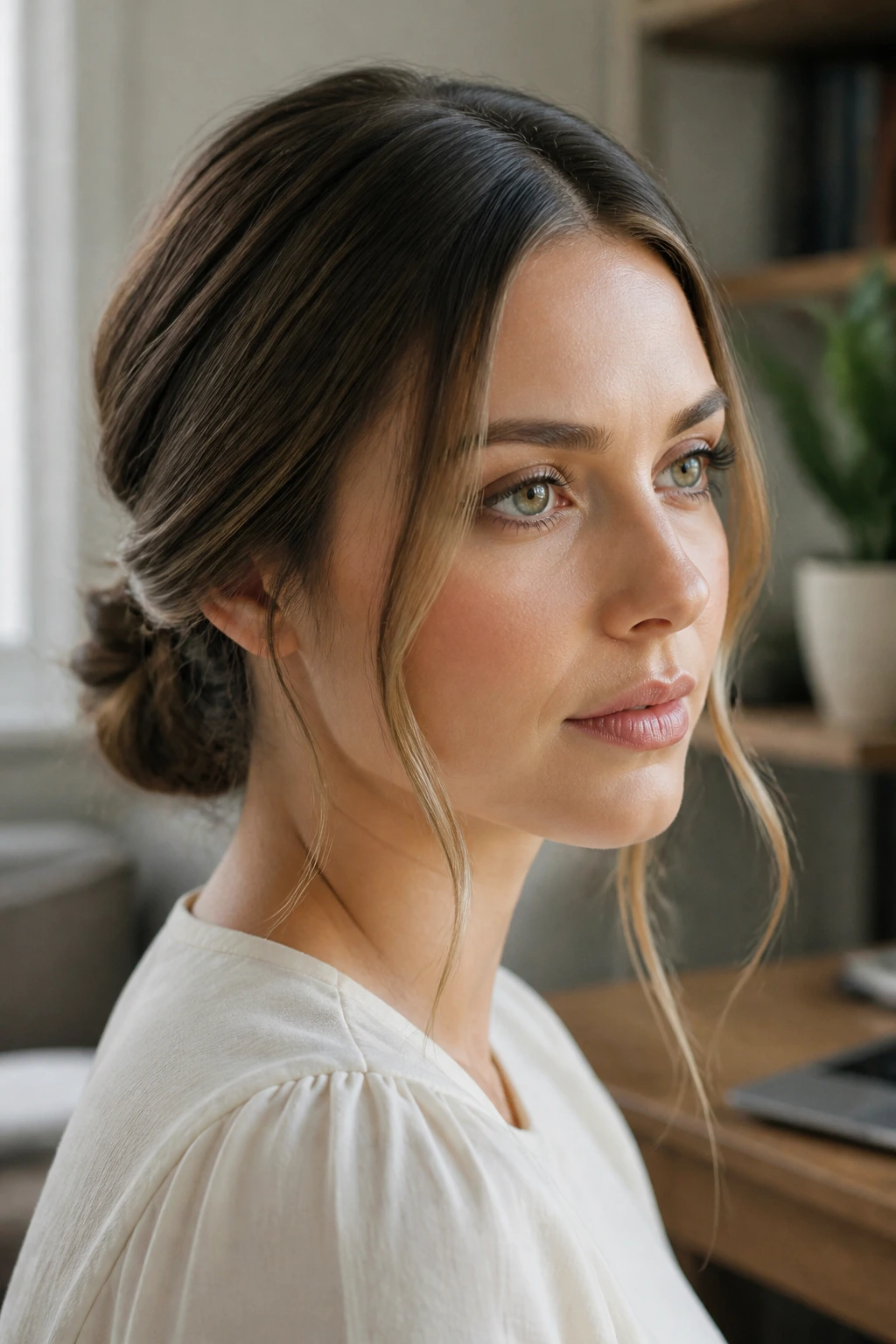 Close-up of a real woman with Twisted Low Bun and Center Part