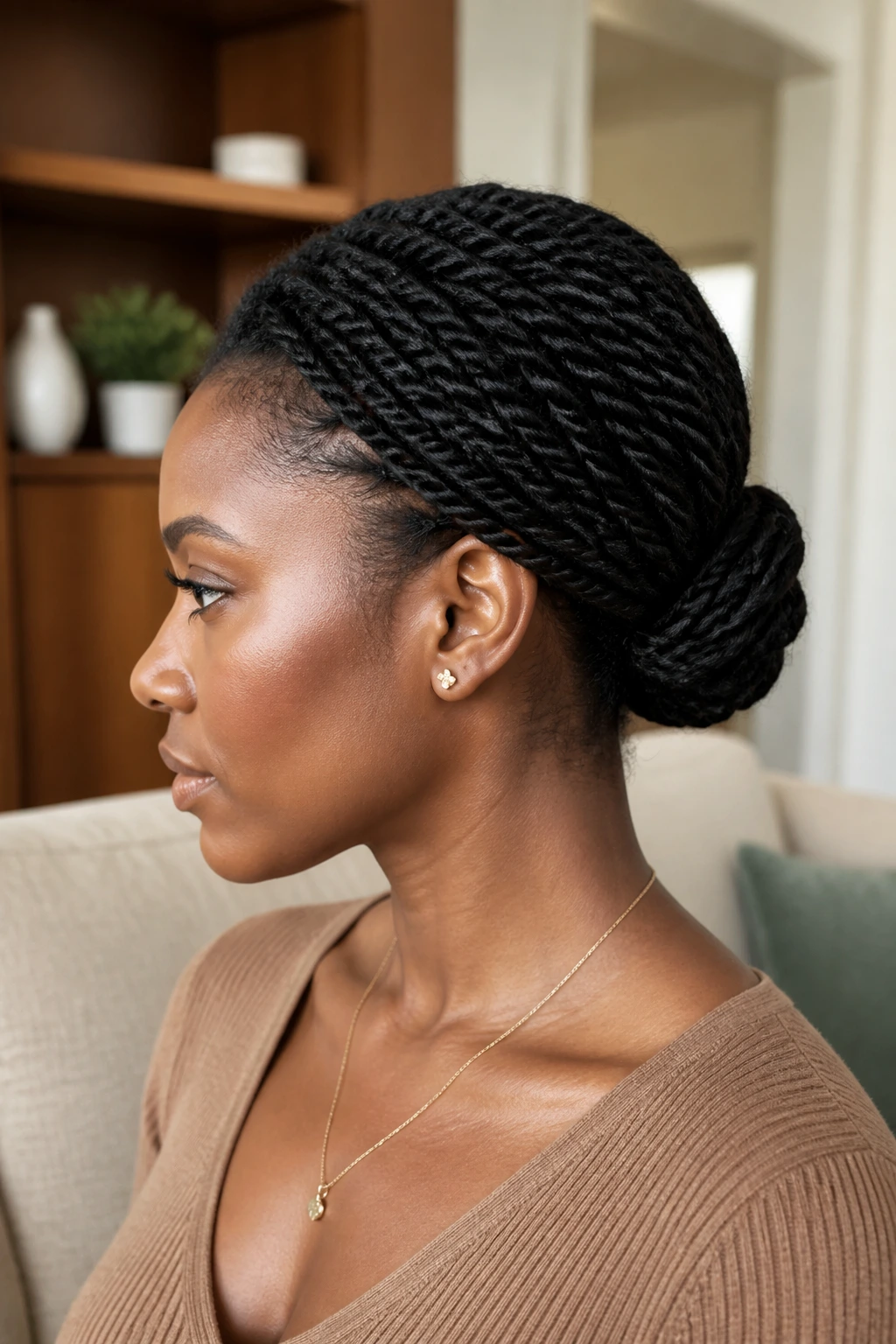 Close-up of a real woman with a twisted low bun at the nape