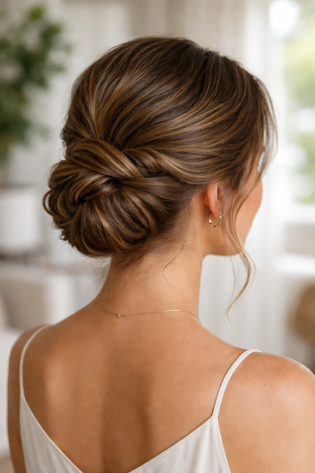 Real woman with twisted low chignon at the nape