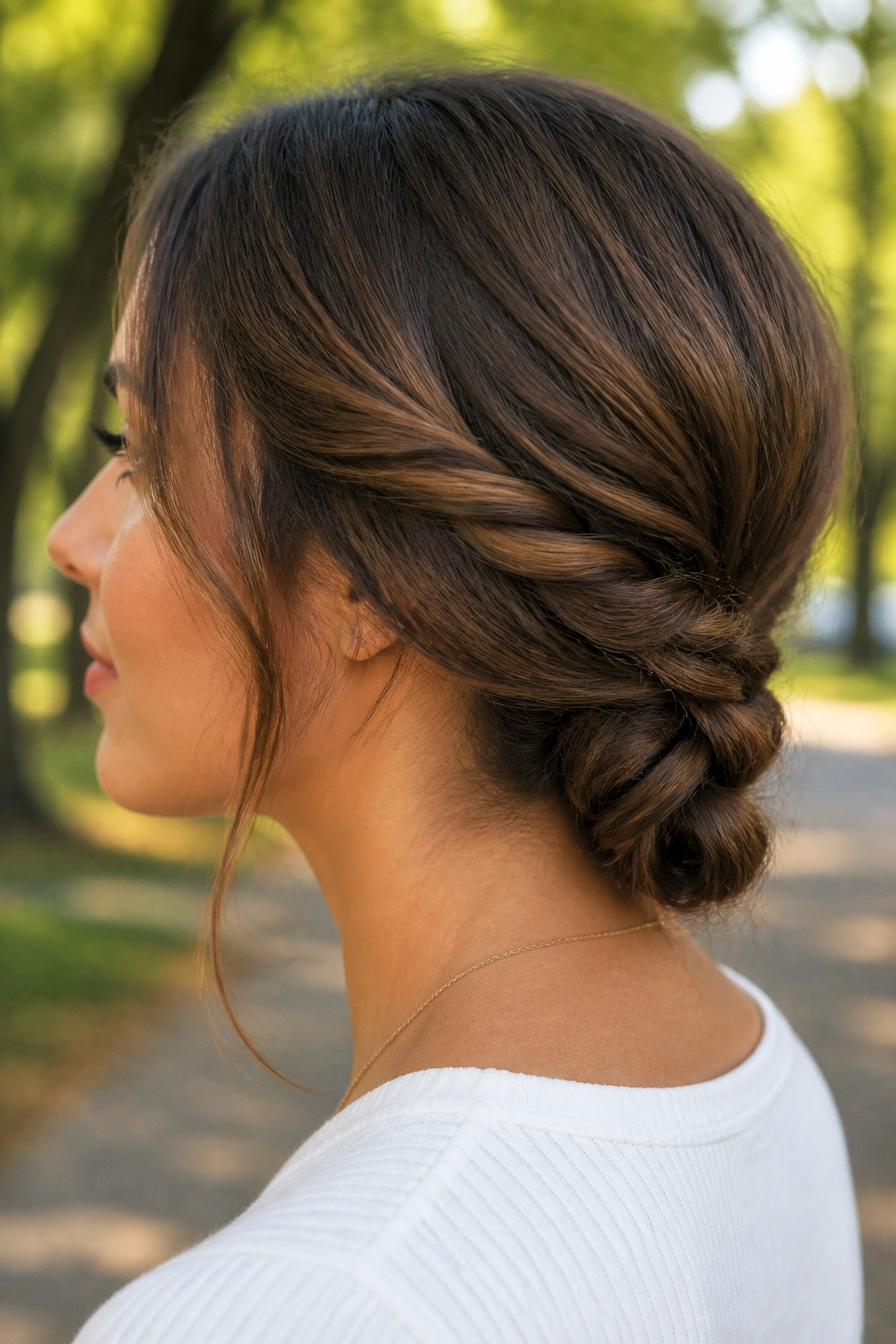 Close-up of a woman with a twisted low knot hairstyle