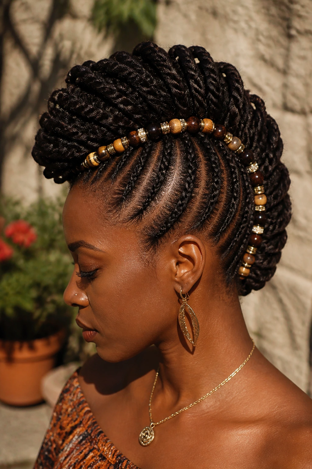 Close-up of a woman with twisted mohawk and beaded accents in an outdoor courtyard.