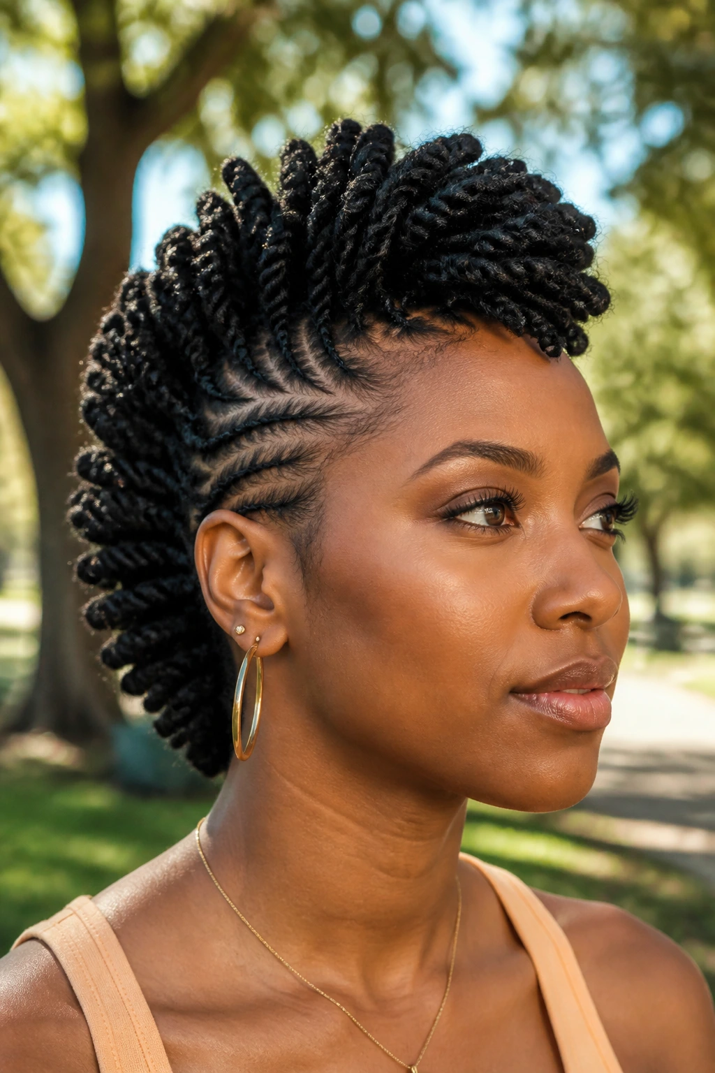 Close-up of twisted natural Mohawk on a real woman