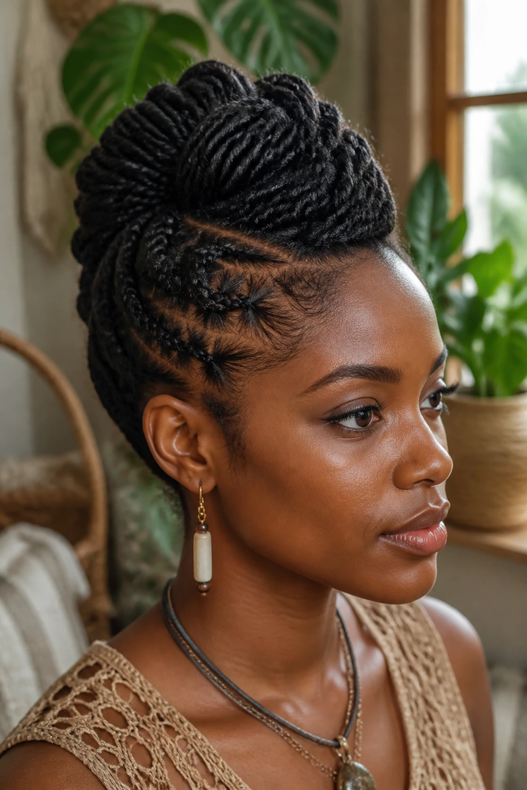 Close-up portrait of a person with twisted Mohawk updo.