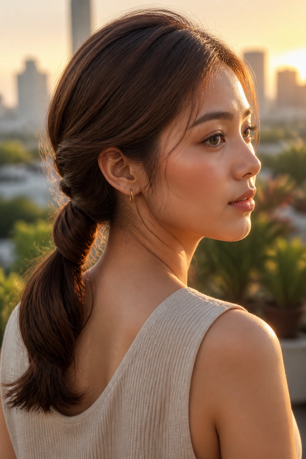 Close-up of a real woman wearing a low twisted ponytail with two twists.