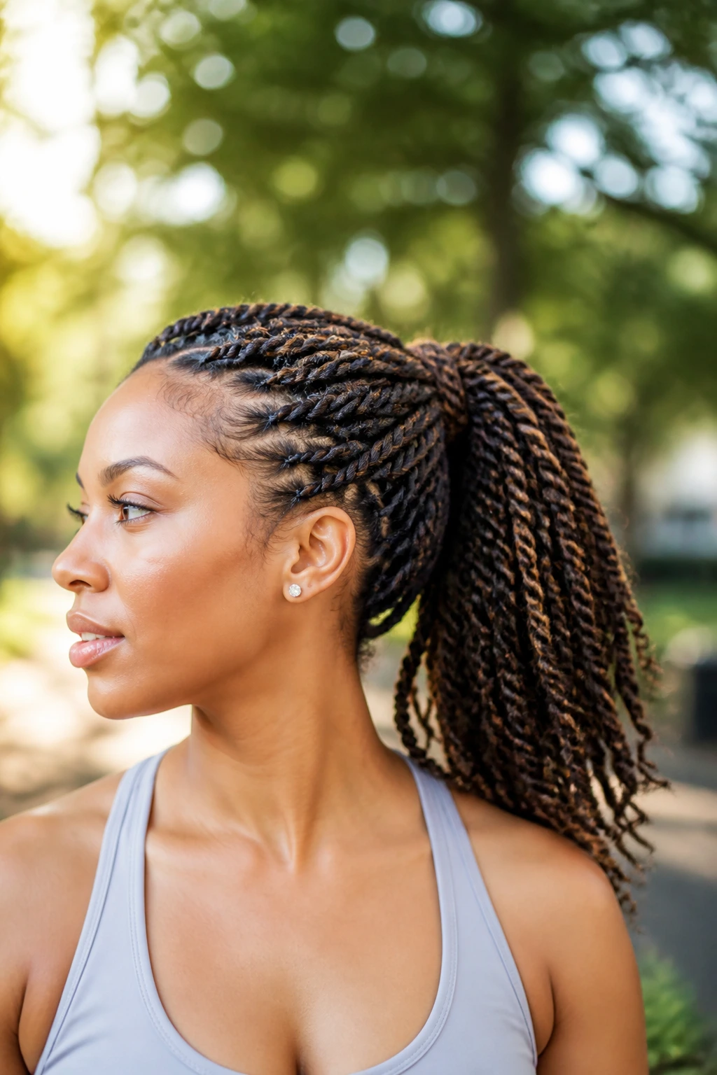 Close-up of a real woman with twists tied into a ponytail