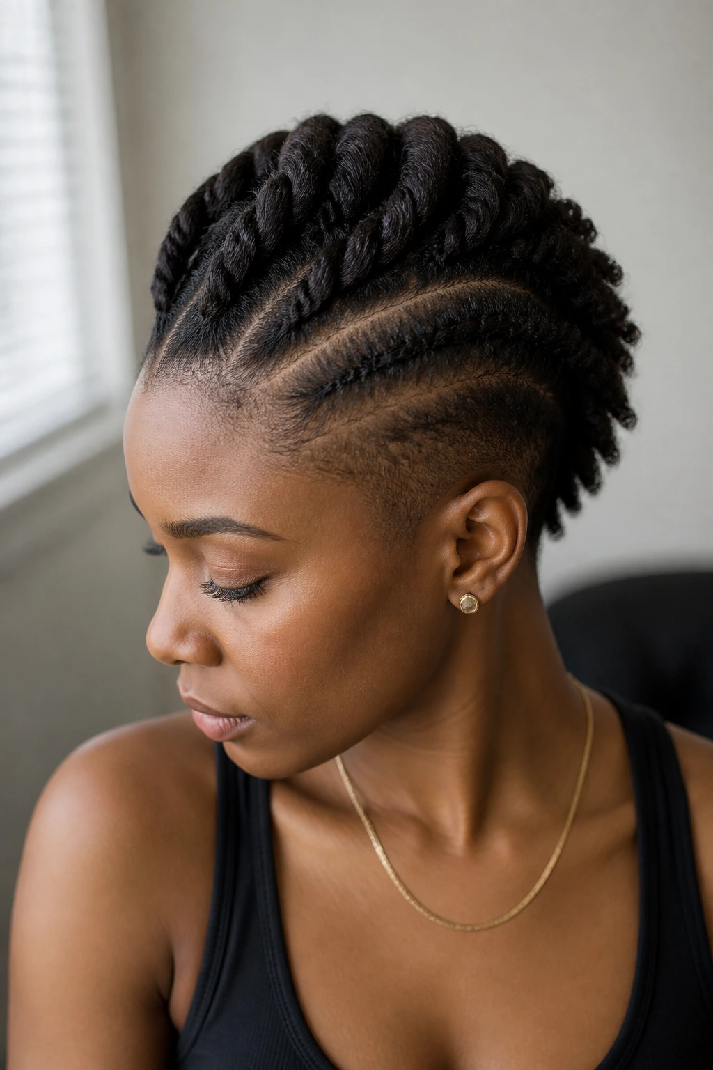 Close-up portrait of a real person showing twisted center mohawk with tight roots.