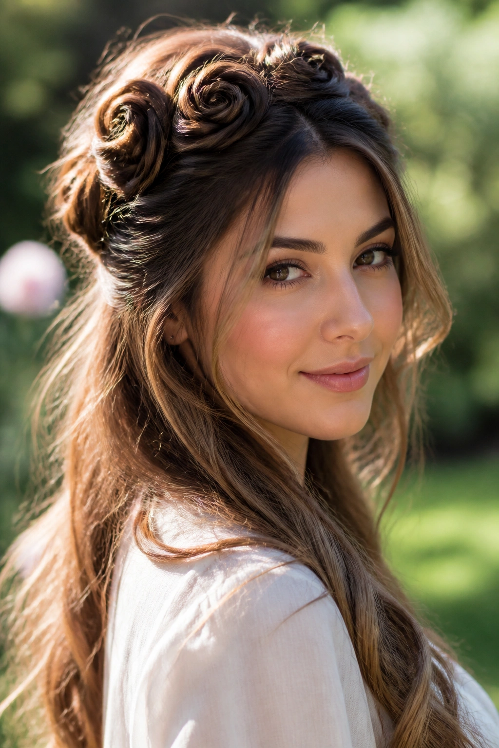 Close-up portrait of a real woman wearing a twisted rose crown on long layers in a sunlit garden