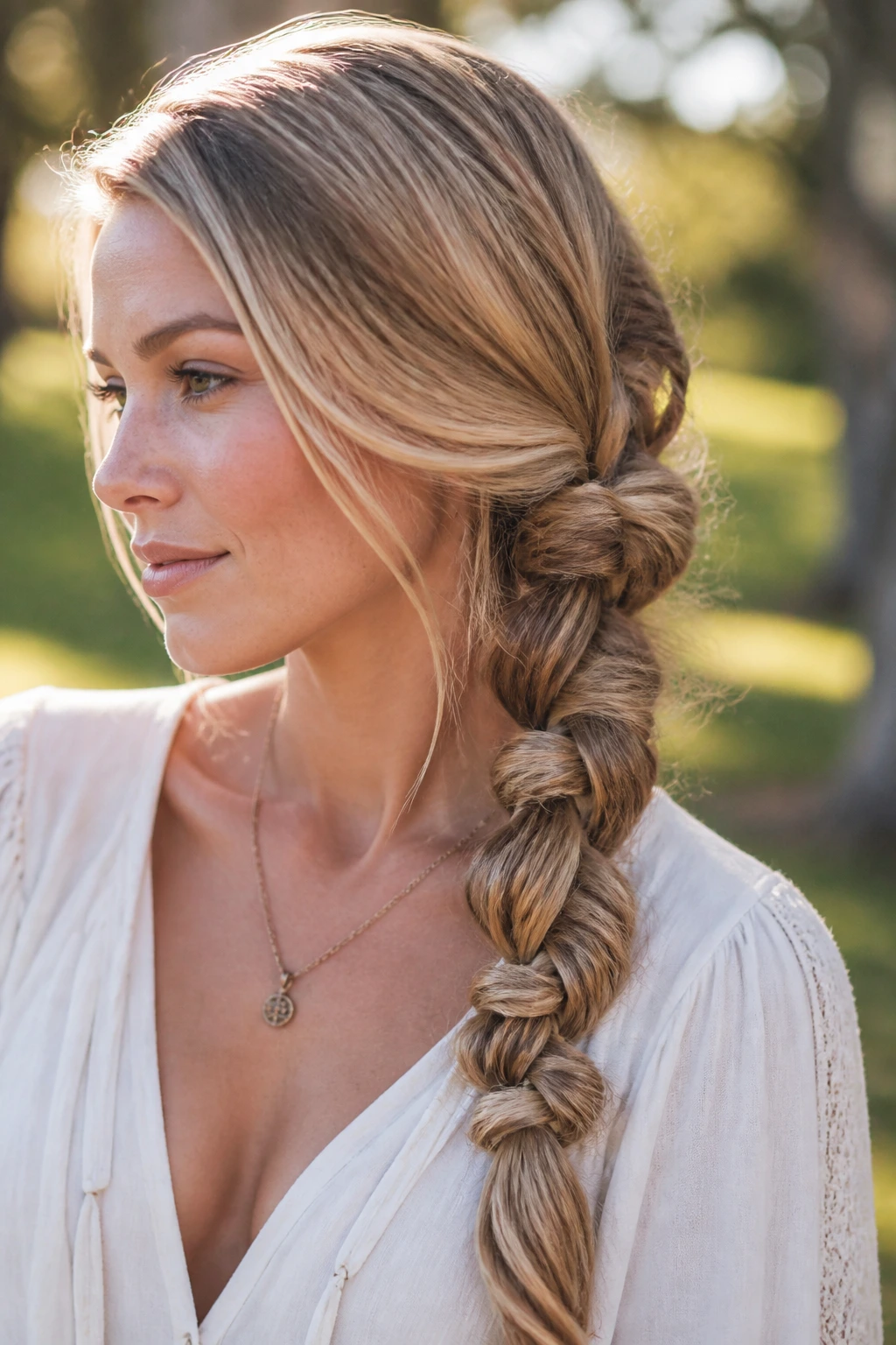 Medium close-up of a real person with a twisted side braid featuring knotted sections in a sunny park