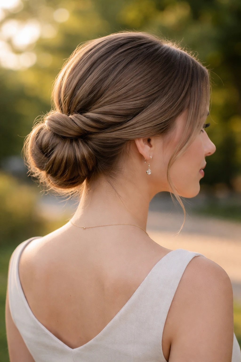 Close-up of a person with a twisted side low bun hairstyle