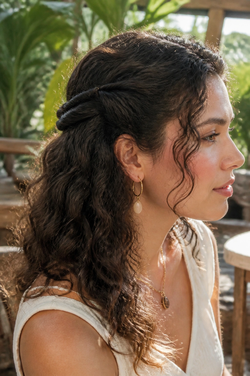 Close-up of a real woman with twisted sides pinned back and loose hair at the back.