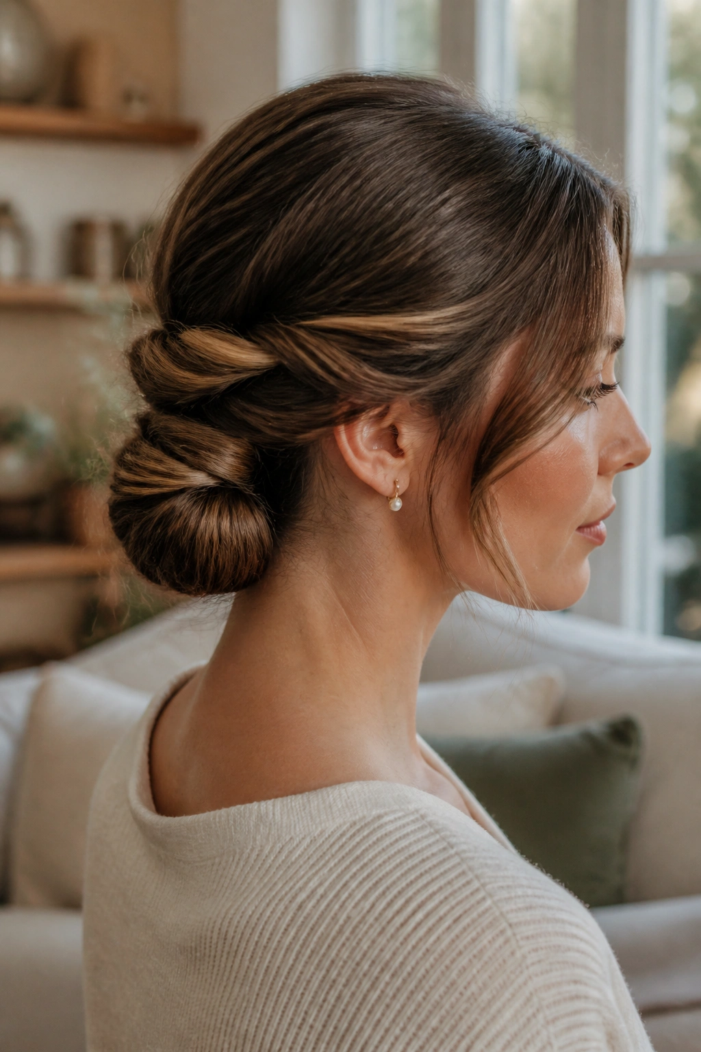 Close-up of a real woman with a twisted tucked bun at the nape