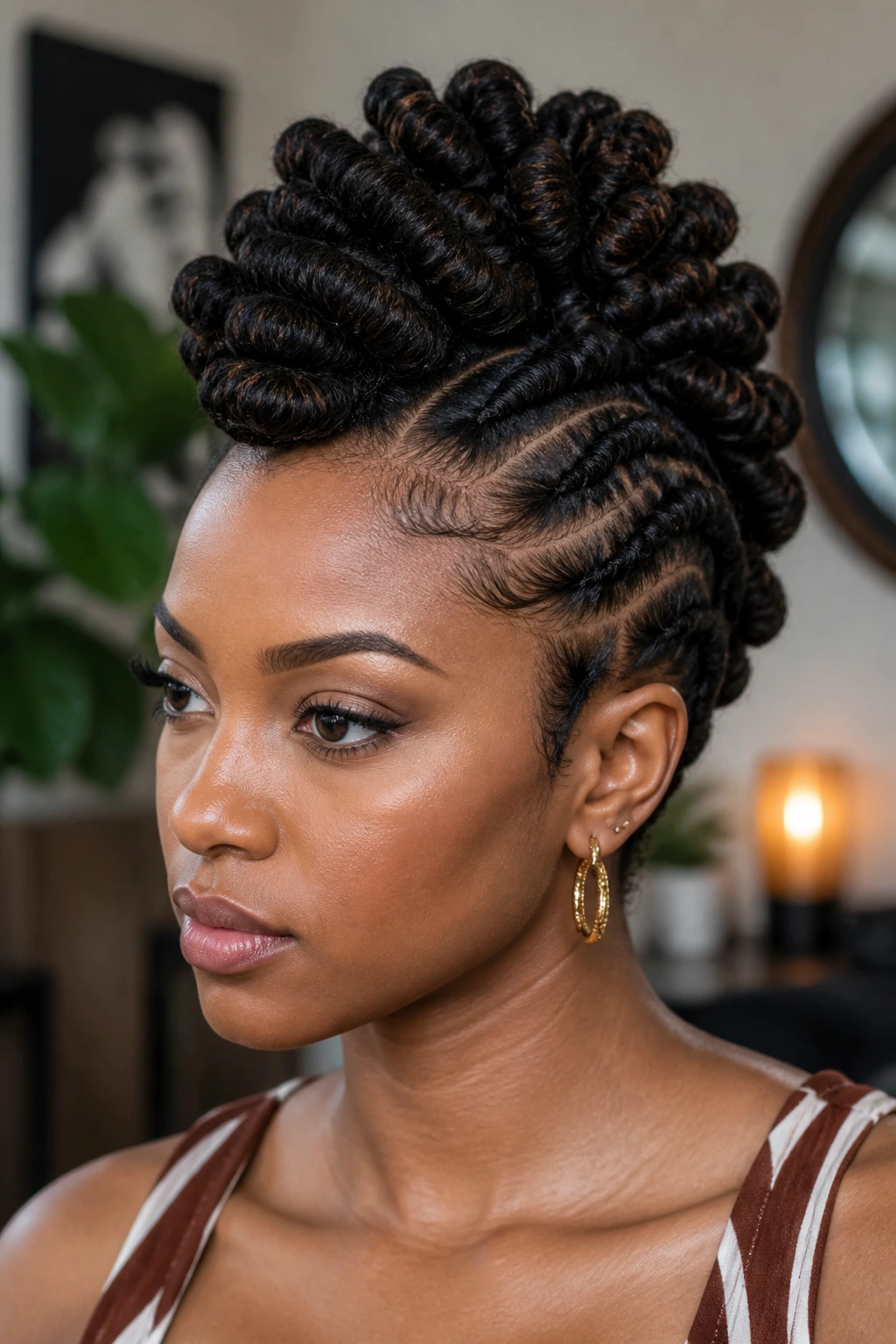 Portrait of a person with twisted updo Mohawk in a stylish indoor setting