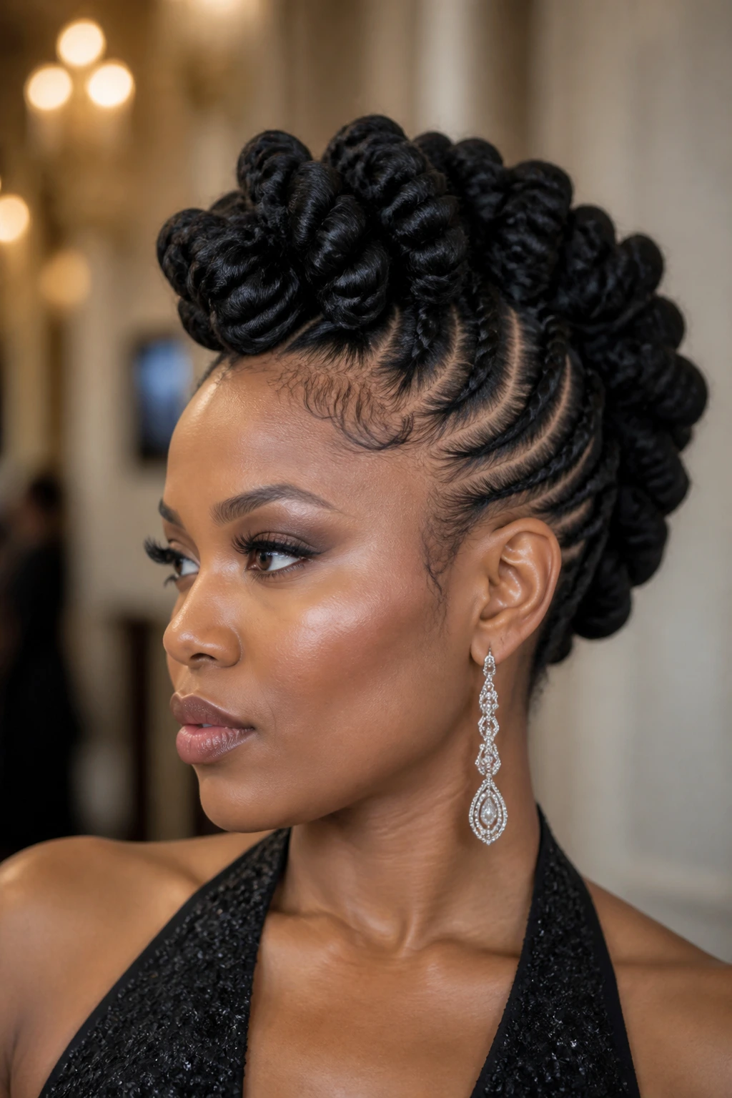Portrait of a real woman with a crown-like twisted updo Mohawk