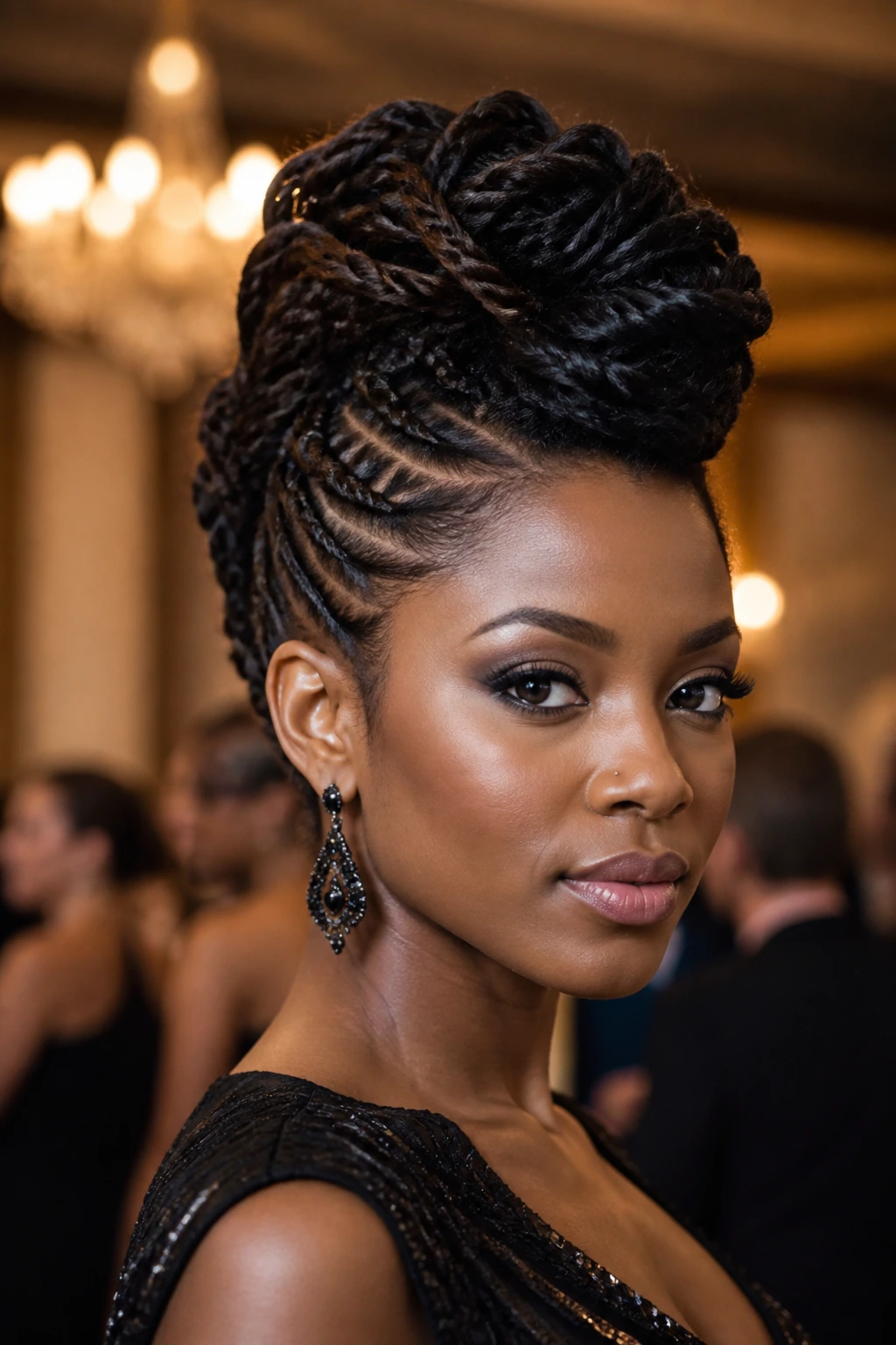 Close-up of a Black woman with a twisted updo mohawk at a formal event
