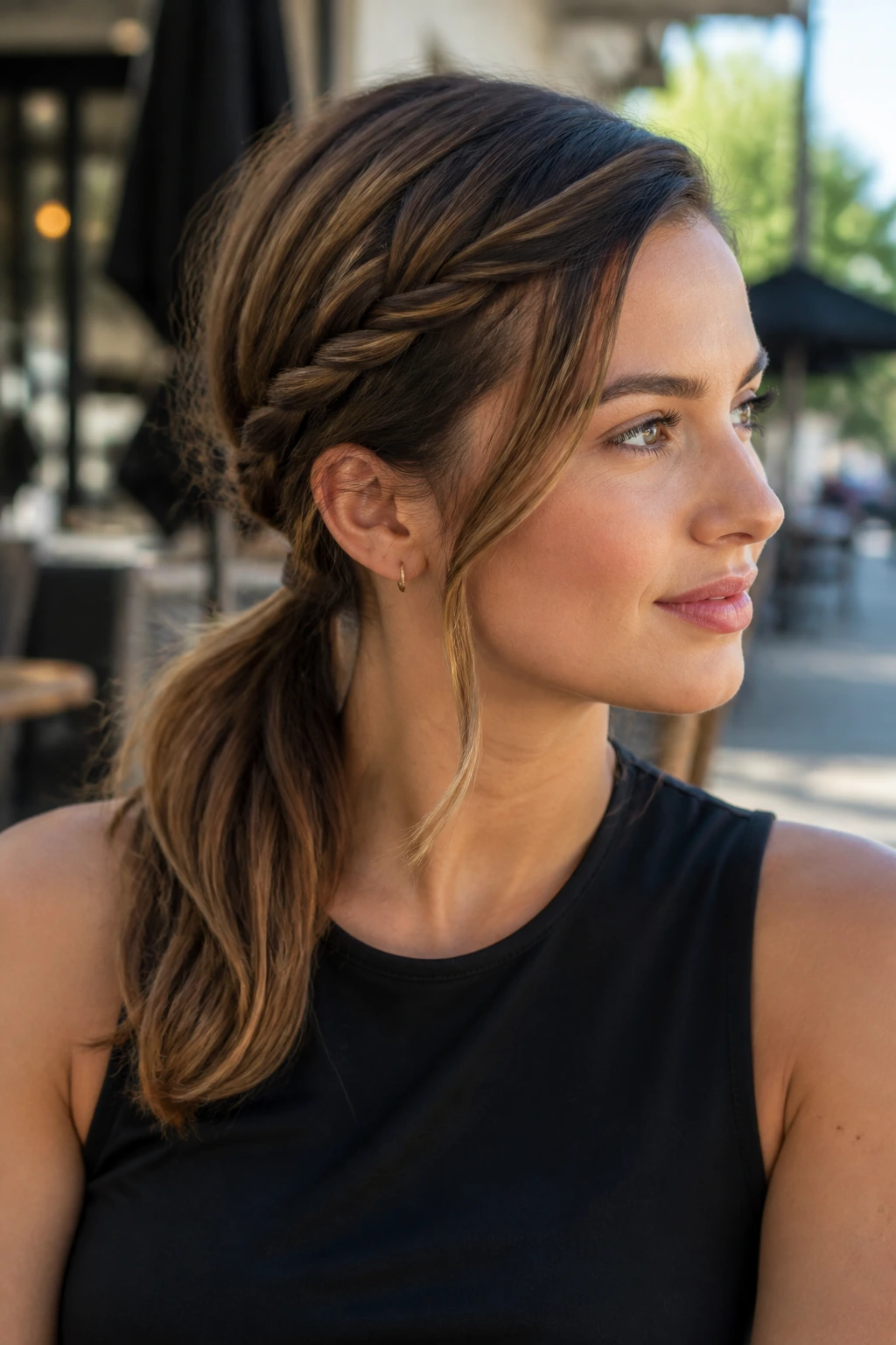 Close-up of a real woman with a twisted side ponytail behind the ear.