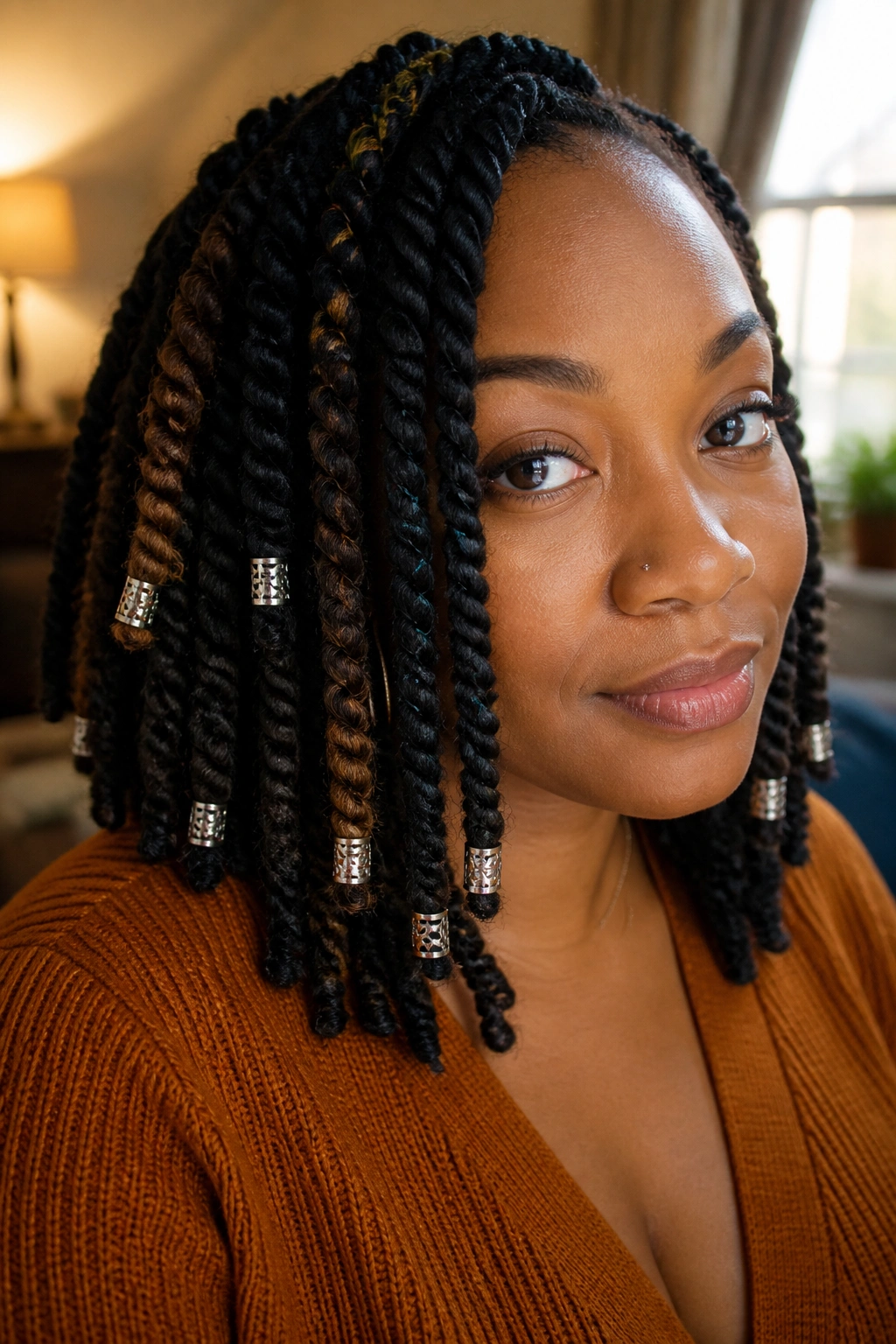 Close-up of a real woman with twists featuring silver cuffs and a thread wrap