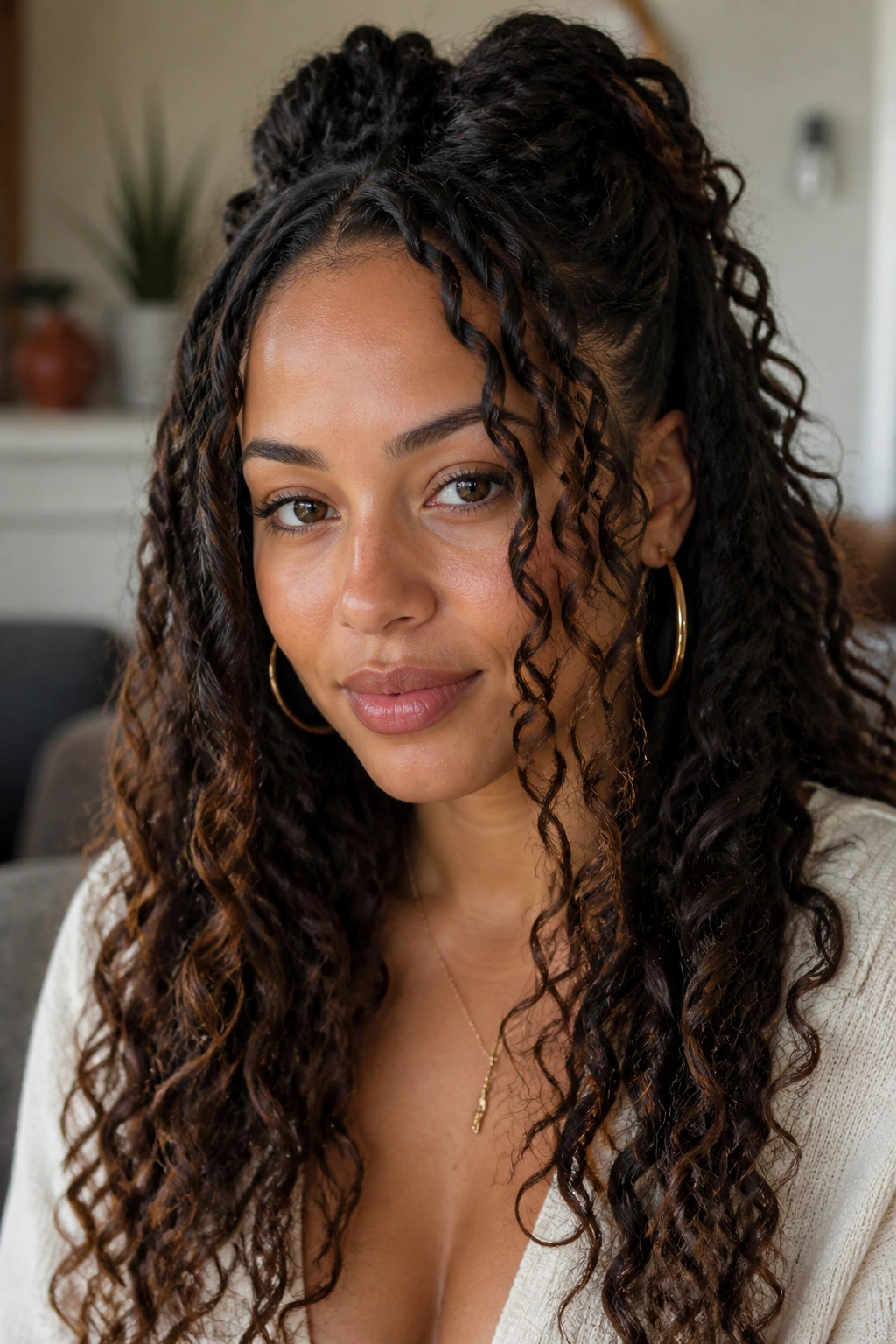 Close-up of a real woman with twists and curls mix in natural light