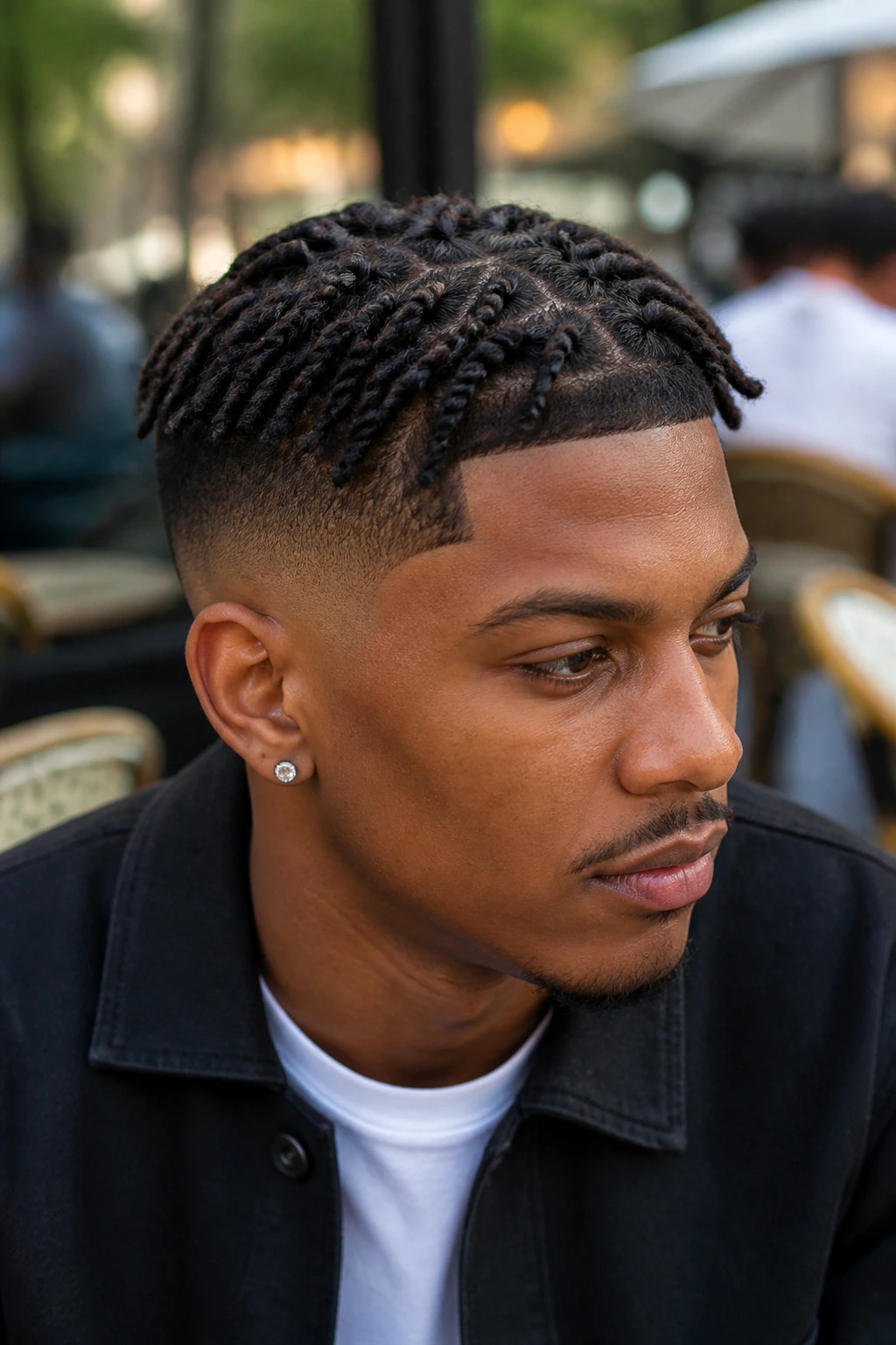Close-up of a real man with twists, low fade, and clean edges in outdoor daylight.